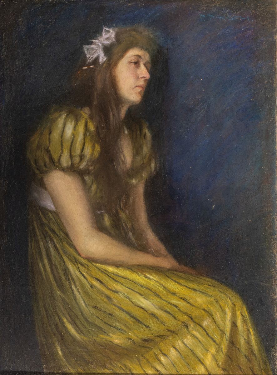 Friedrich Ferdinand Koch, 1863 Landau-1923, Porträt einer melancholischen jungen Dame im Biedermeierkleid, Pastell auf Malkarton, rechts oben ...
