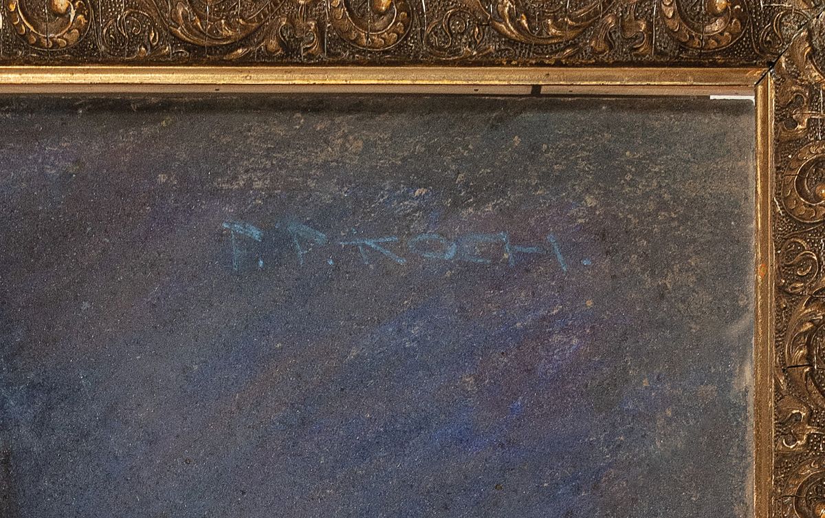 Detail a: Friedrich Ferdinand Koch, 1863 Landau-1923, Porträt einer melancholischen jungen Dame im Biedermeierkleid, Pastell auf Malkarton, rechts oben ...