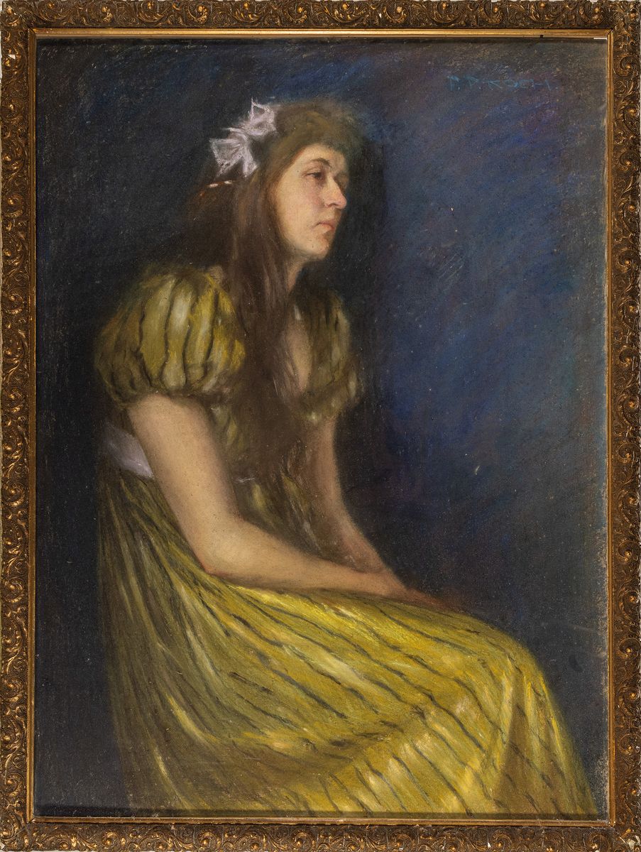 Detail k: Friedrich Ferdinand Koch, 1863 Landau-1923, Porträt einer melancholischen jungen Dame im Biedermeierkleid, Pastell auf Malkarton, rechts oben ...