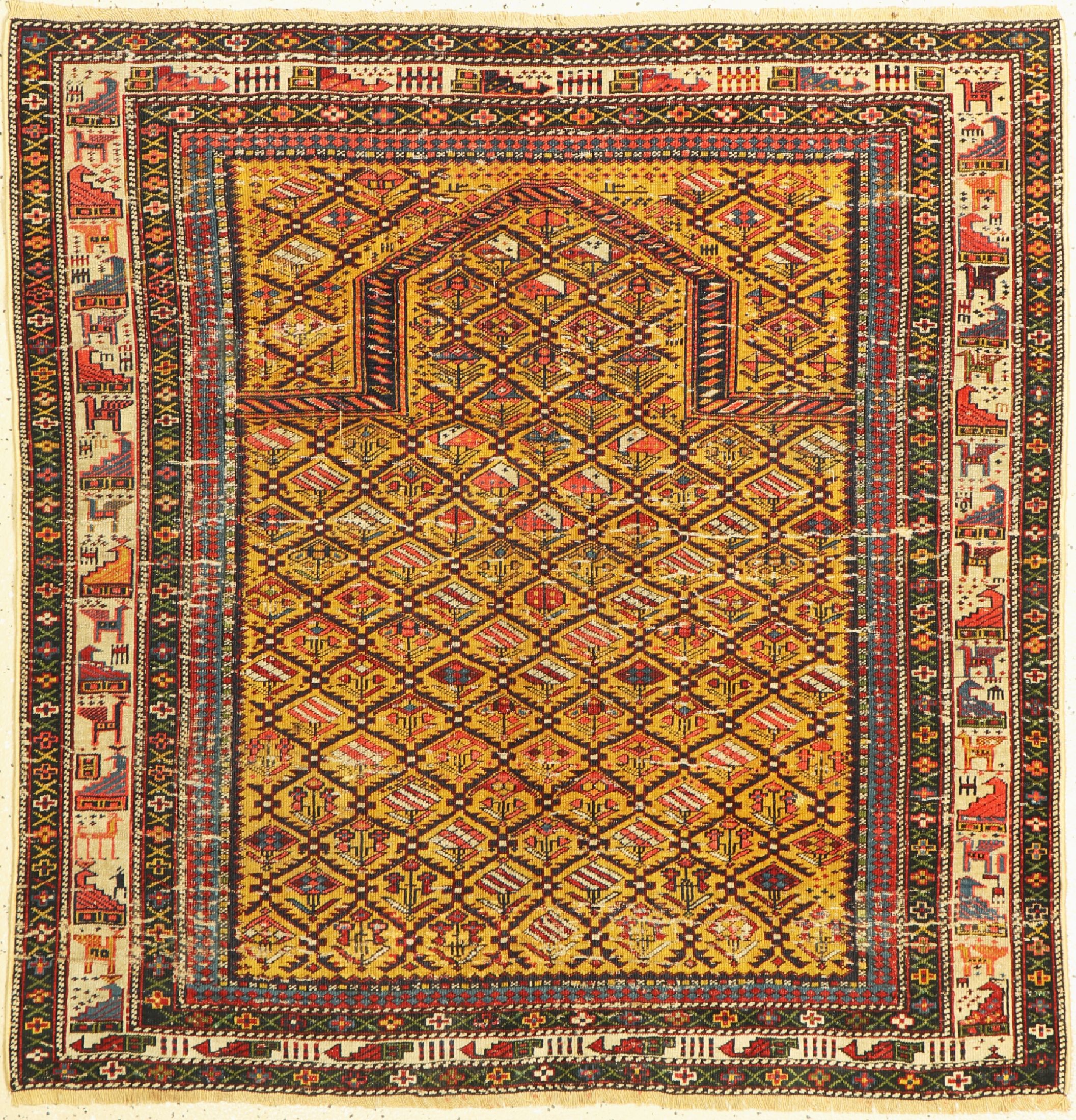 Marasali Gebetsteppich antik, Kaukasus, 19.Jhd, Wolle auf Wolle, ca. 130 x 130 cm, EHZ: 3-4