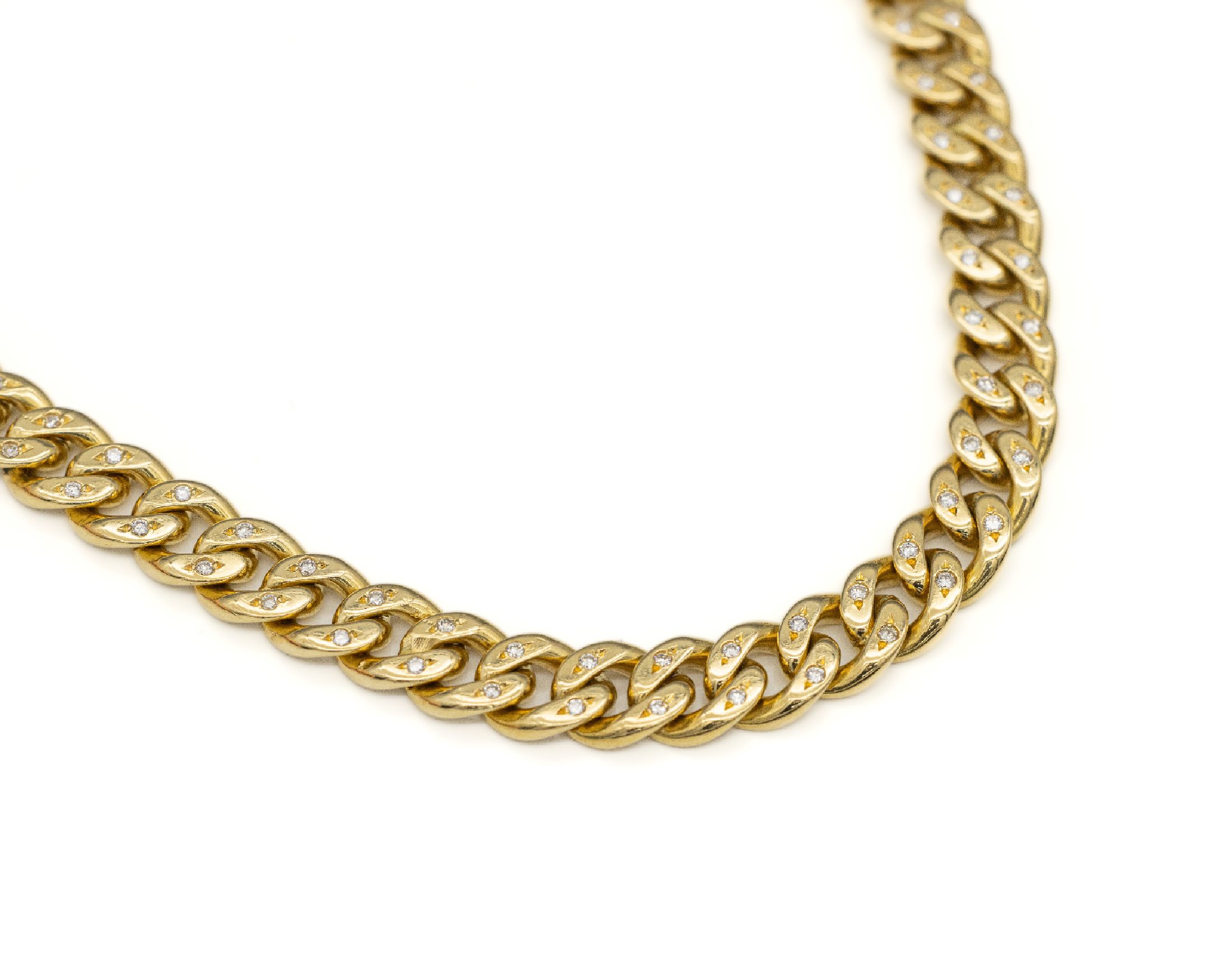 18 kt Gold Brillant-Collier, GG 750/000, 58Brillanten zus. ca. 0.58 ct Weiß/si, L. ca. 45 cm, ca. 92.9 g, Karabinerschließe