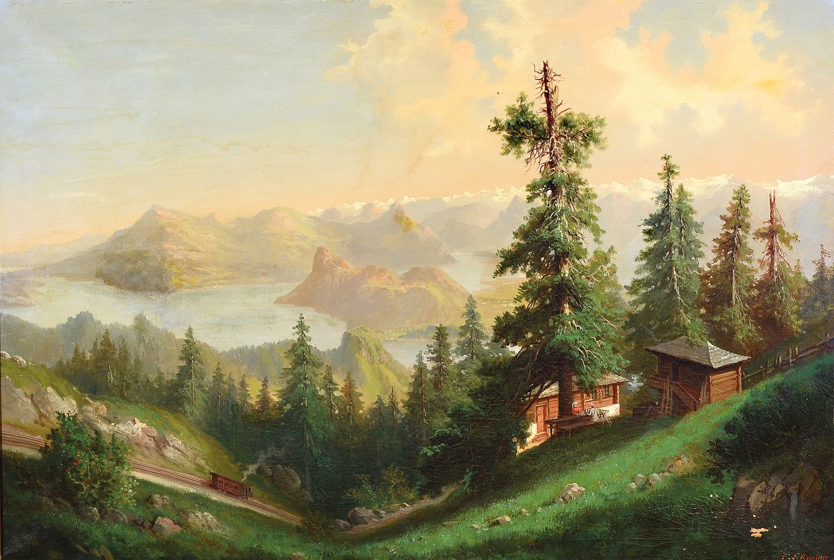 J.J. Spring, Traditionalist des fortgeschrittenen 19.Jh., Alpenlandschaft mit Berghof und Zahnradbahn, rechts unten signiert, Öl/Lwd, rest., l. ...