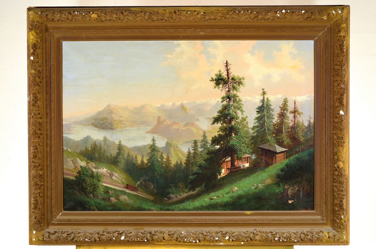 Detail k: J.J. Spring, Traditionalist des fortgeschrittenen 19.Jh., Alpenlandschaft mit Berghof und Zahnradbahn, rechts unten signiert, Öl/Lwd, rest., l. ...