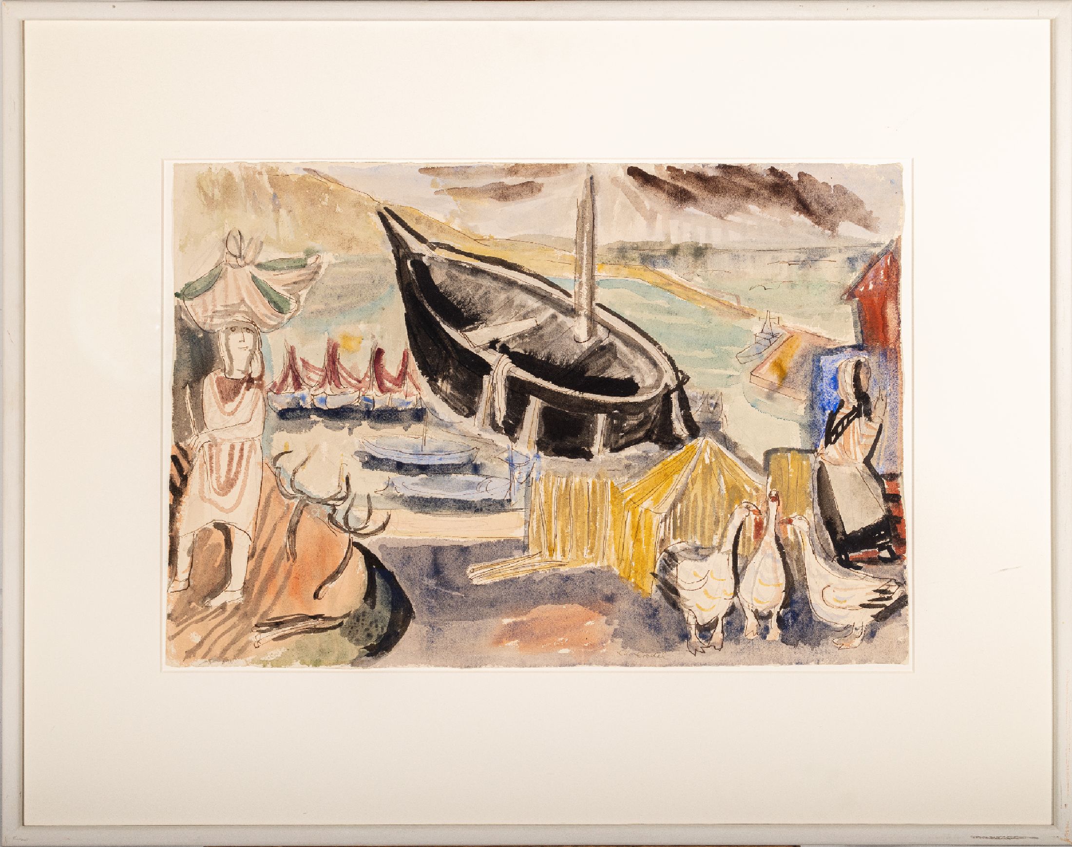 Charles Crodel, 1894 Marseille -1973 München, großformatiges, expressionistisches Aquarell südliche Hafenlandschaft mit Frau und Tieren,Papier, ...