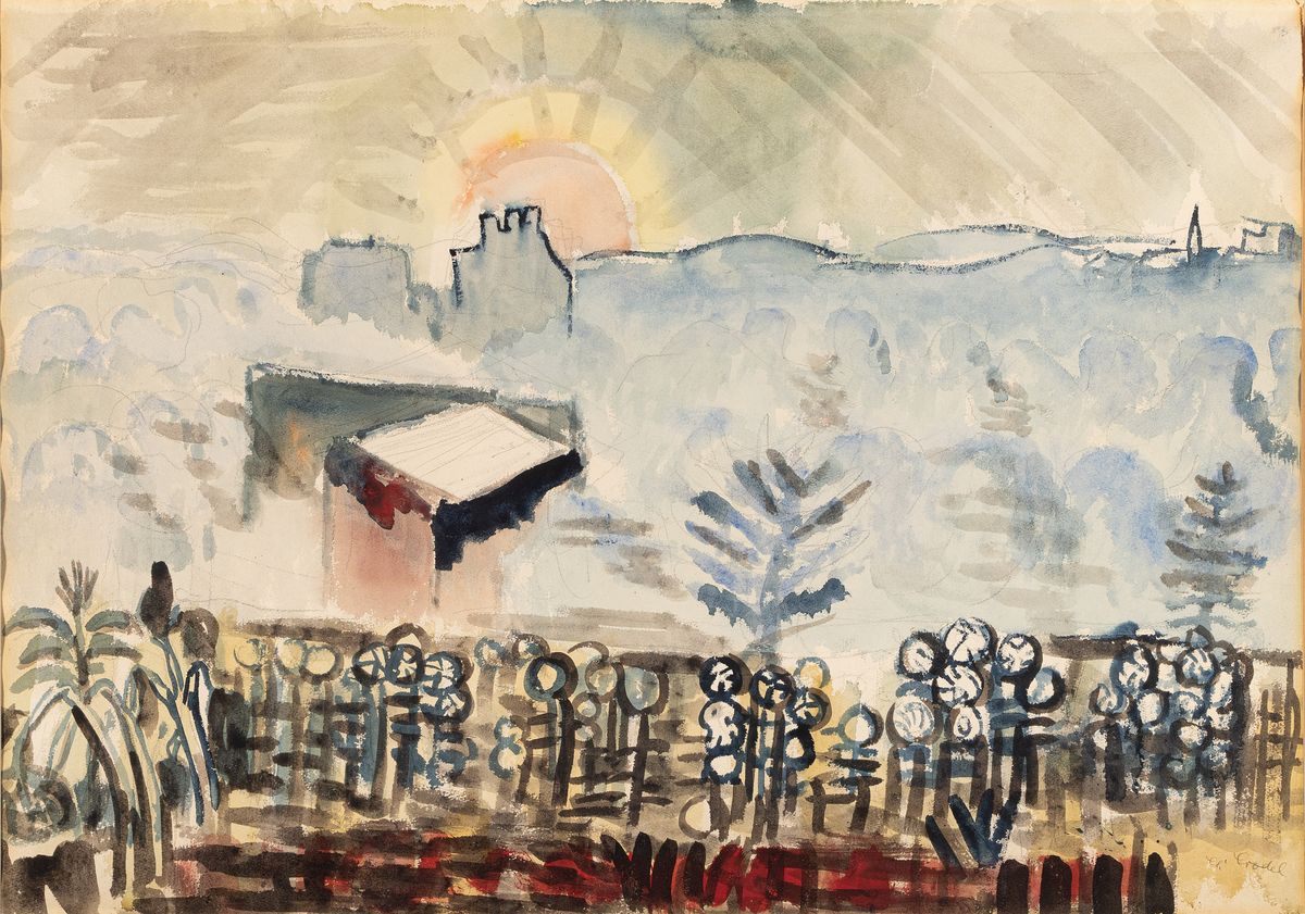 Detail a: Charles Crodel, 1894 Marseille - 1973 MÜnchen,zwei expressionistische Aquarelle, Landschaft bei Sonnenuntergang bzw. Berglandschaft mit Enzian, ...