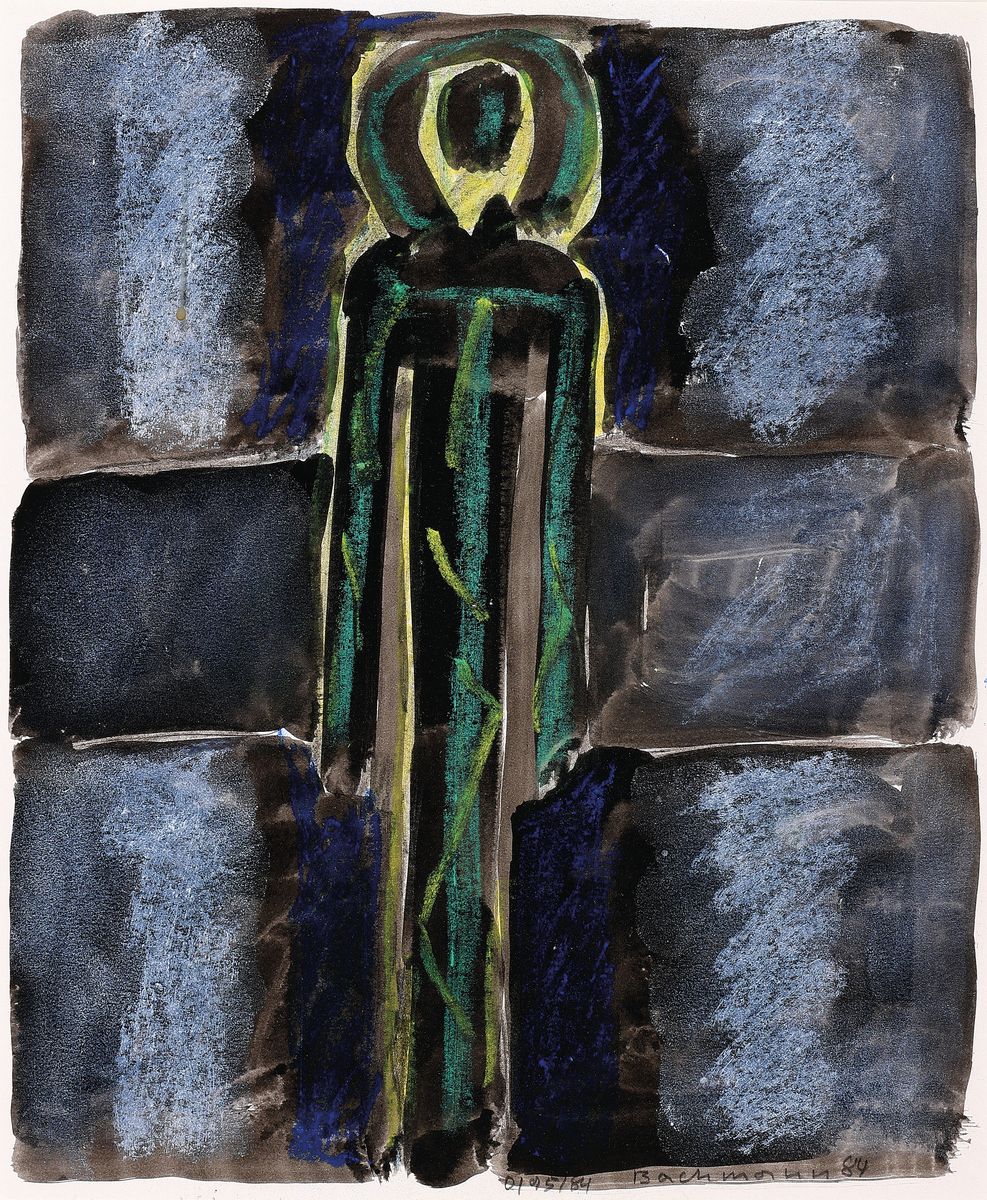 Hermann Bachmann, 1922 Halle/Saale - 1995 Karlsruhe, Aquarell, stehende Person, bez. O/95/84, handsigniert, PP-Ausschnitt ca. 29 x 24 cm, unter Glas, ...