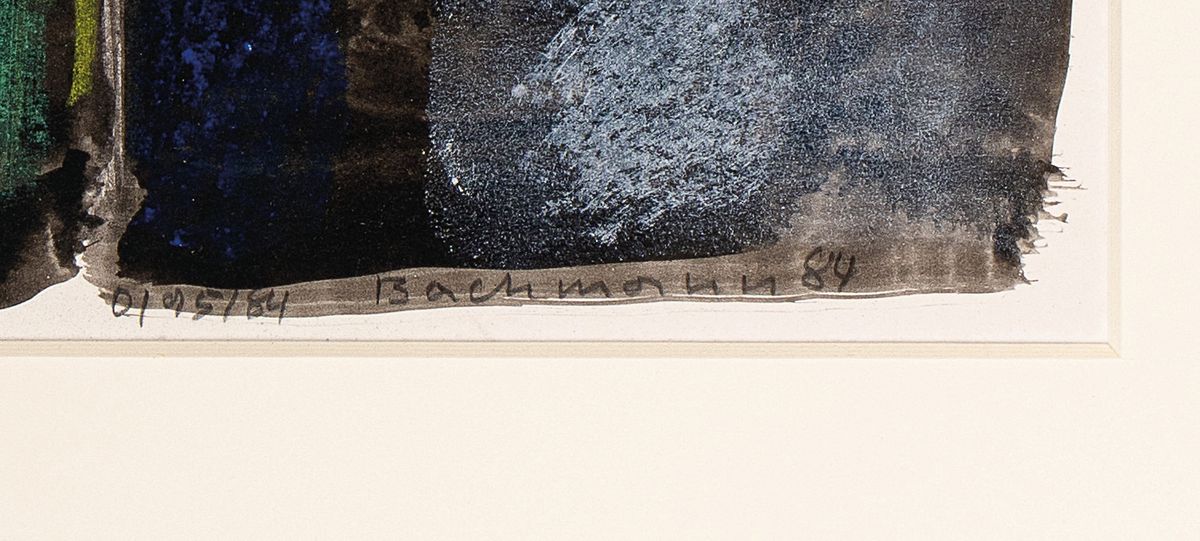 Detail a: Hermann Bachmann, 1922 Halle/Saale - 1995 Karlsruhe, Aquarell, stehende Person, bez. O/95/84, handsigniert, PP-Ausschnitt ca. 29 x 24 cm, unter Glas, ...