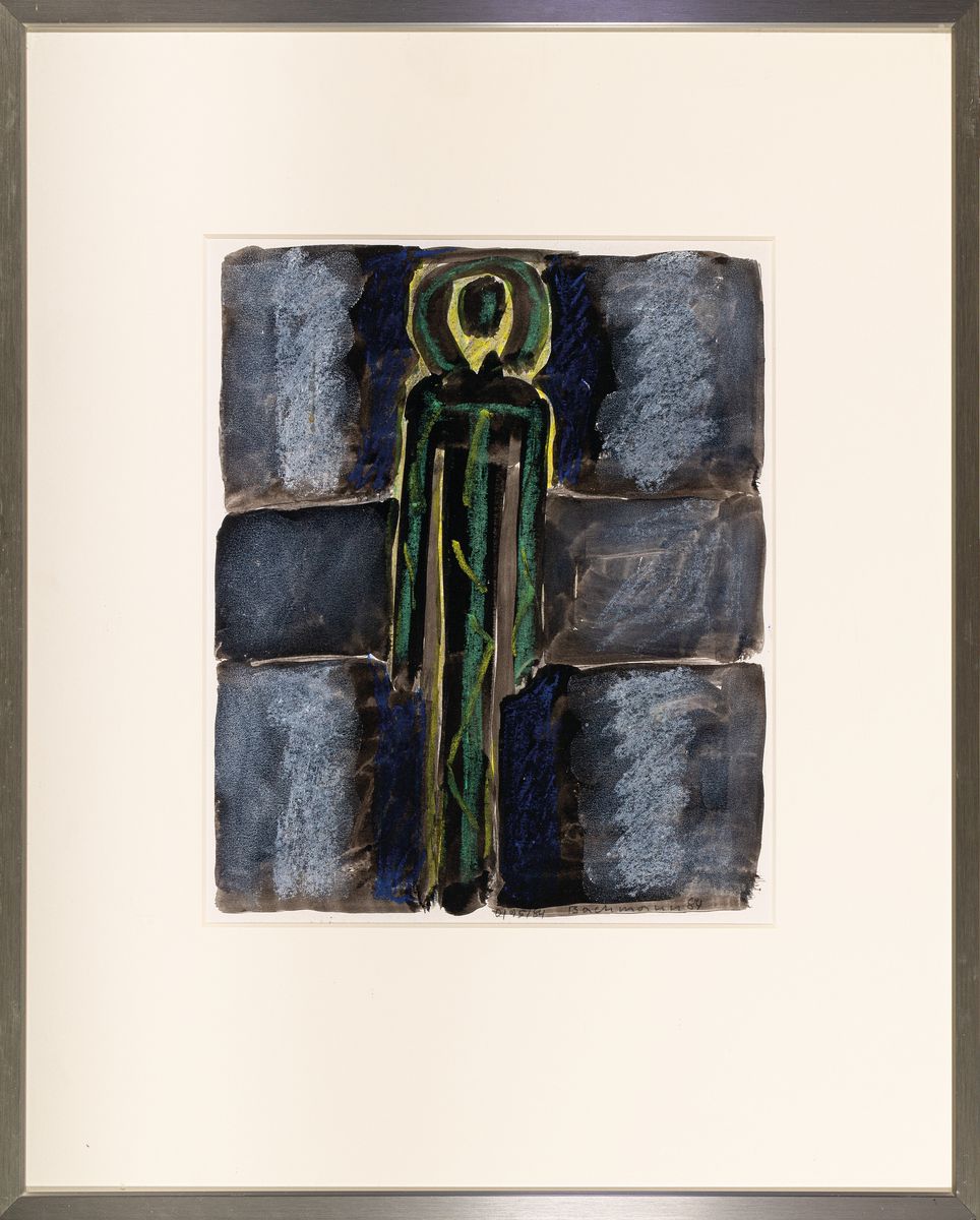 Detail k: Hermann Bachmann, 1922 Halle/Saale - 1995 Karlsruhe, Aquarell, stehende Person, bez. O/95/84, handsigniert, PP-Ausschnitt ca. 29 x 24 cm, unter Glas, ...