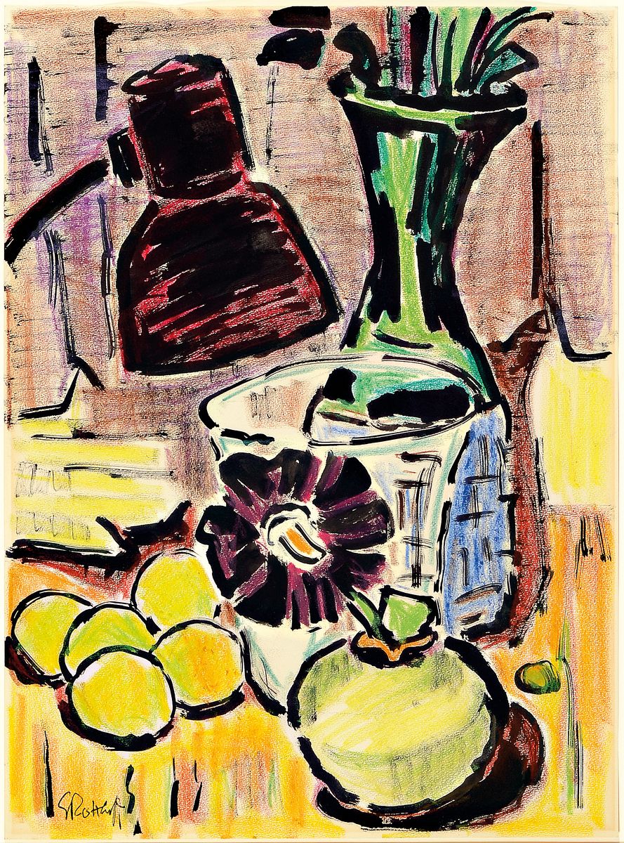 Karl Schmidt-Rottluff, 1884 Rottluff - 1976 Berlin, "Stilleben unter einer Lampe" so verso händisch bez., Stillleben mit Tischlampe, ...
