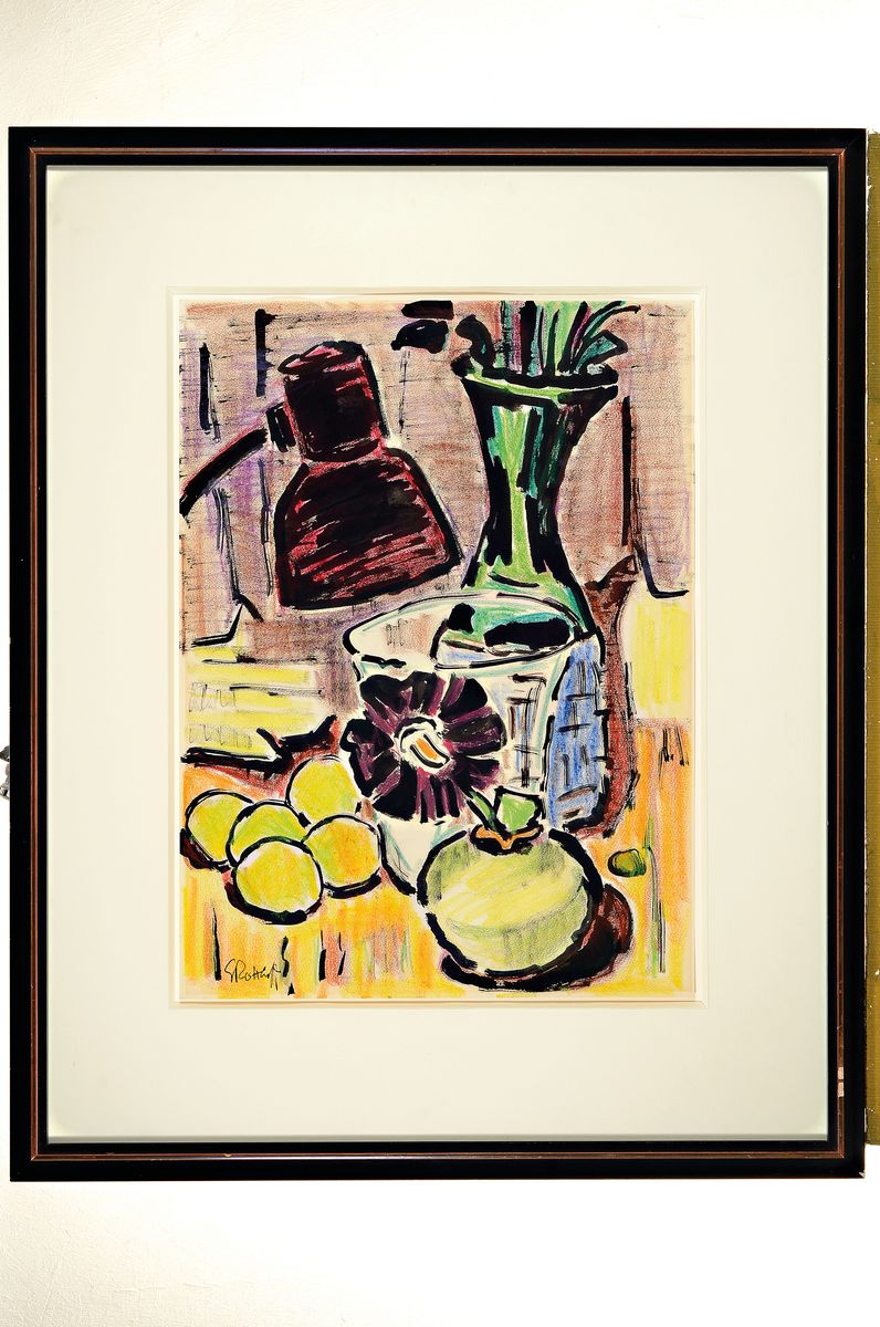 Detail k: Karl Schmidt-Rottluff, 1884 Rottluff - 1976 Berlin, "Stilleben unter einer Lampe" so verso händisch bez., Stillleben mit Tischlampe, ...