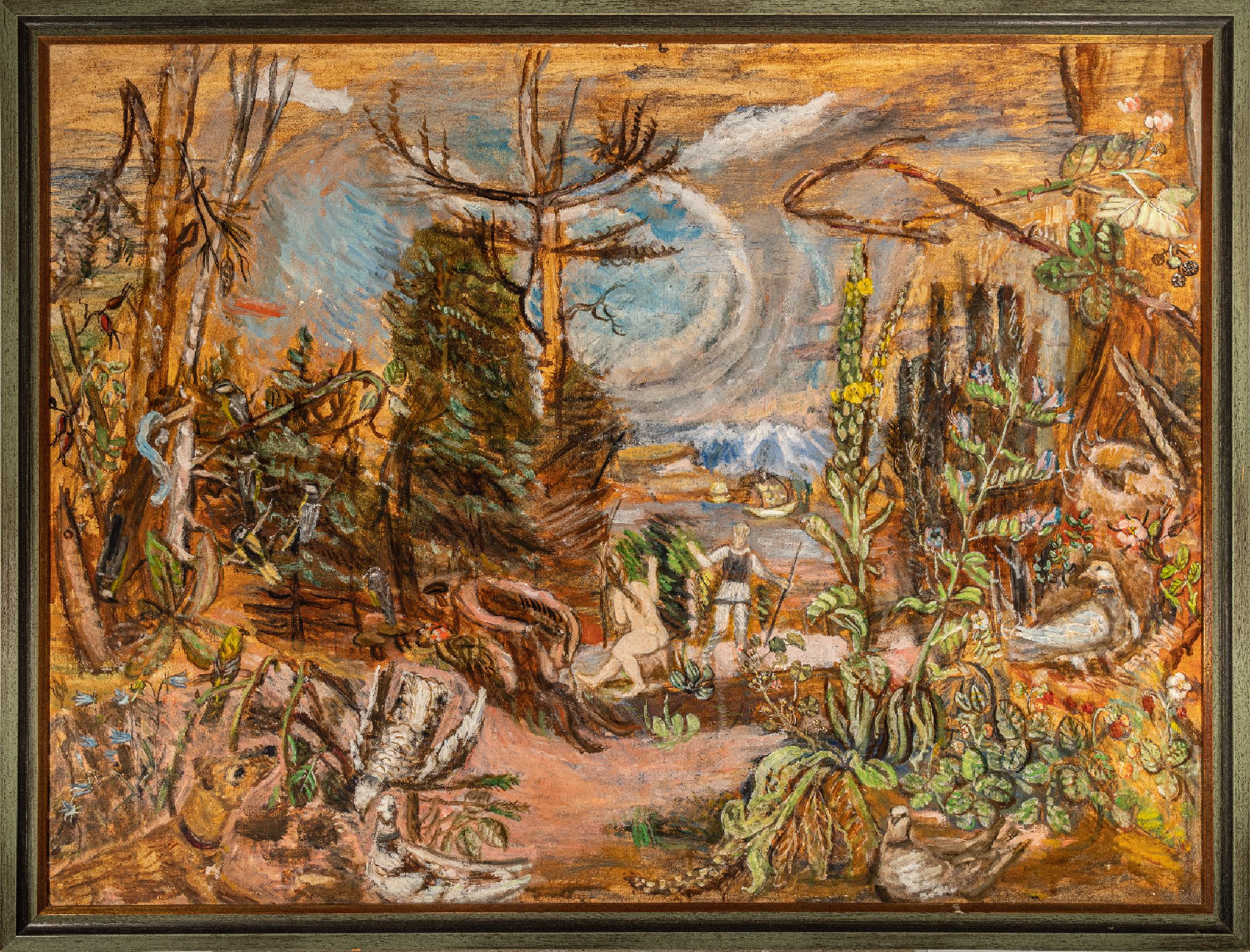 Charles Crodel, 1894 Marseille - 1973 München, großformatige, expressionistische üppige Waldlandschaft mit allegorischer Darstellung, mittig ...