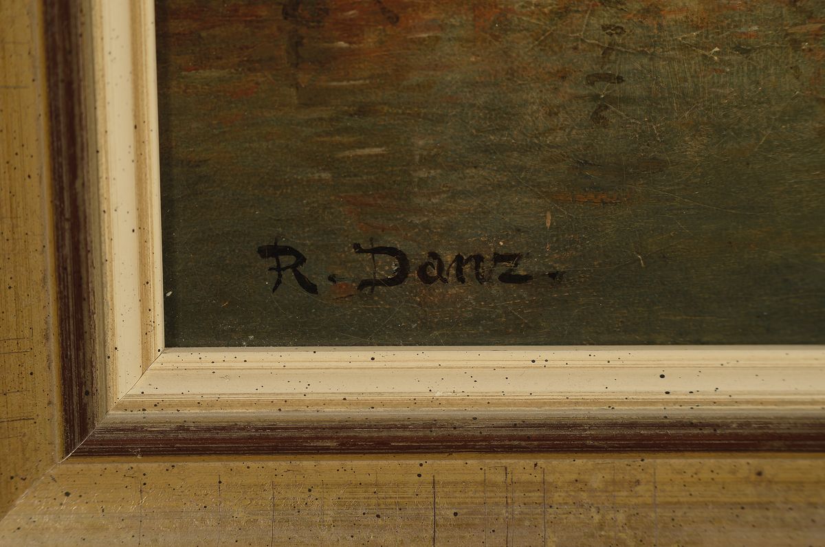 Detail a: Robert Danz, 1841 Oberweißbach-1916 Bad Kreuznach, Studium an der Akademie Weimar, Hafenansicht mit Bergen im Hintergrund, Öl/Lwd, rest., links ...