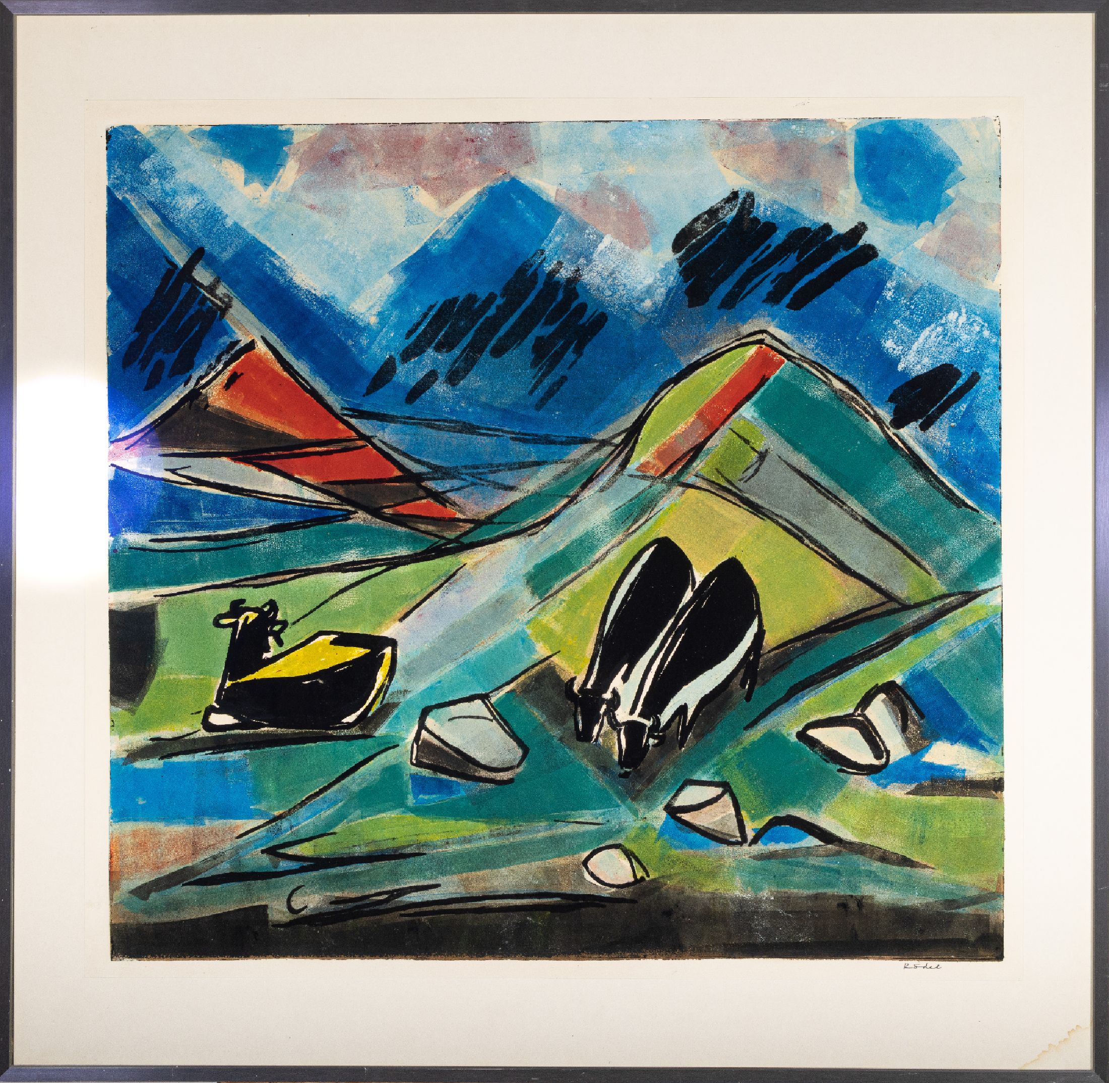 Karl Rödel, 1907 Neu-Isenburg - 1982 Mannheim, Studium an der Akademie Leipzig, Lithographie, Gebirgslandschaft in Kühen, farbintesive Grafik, ...