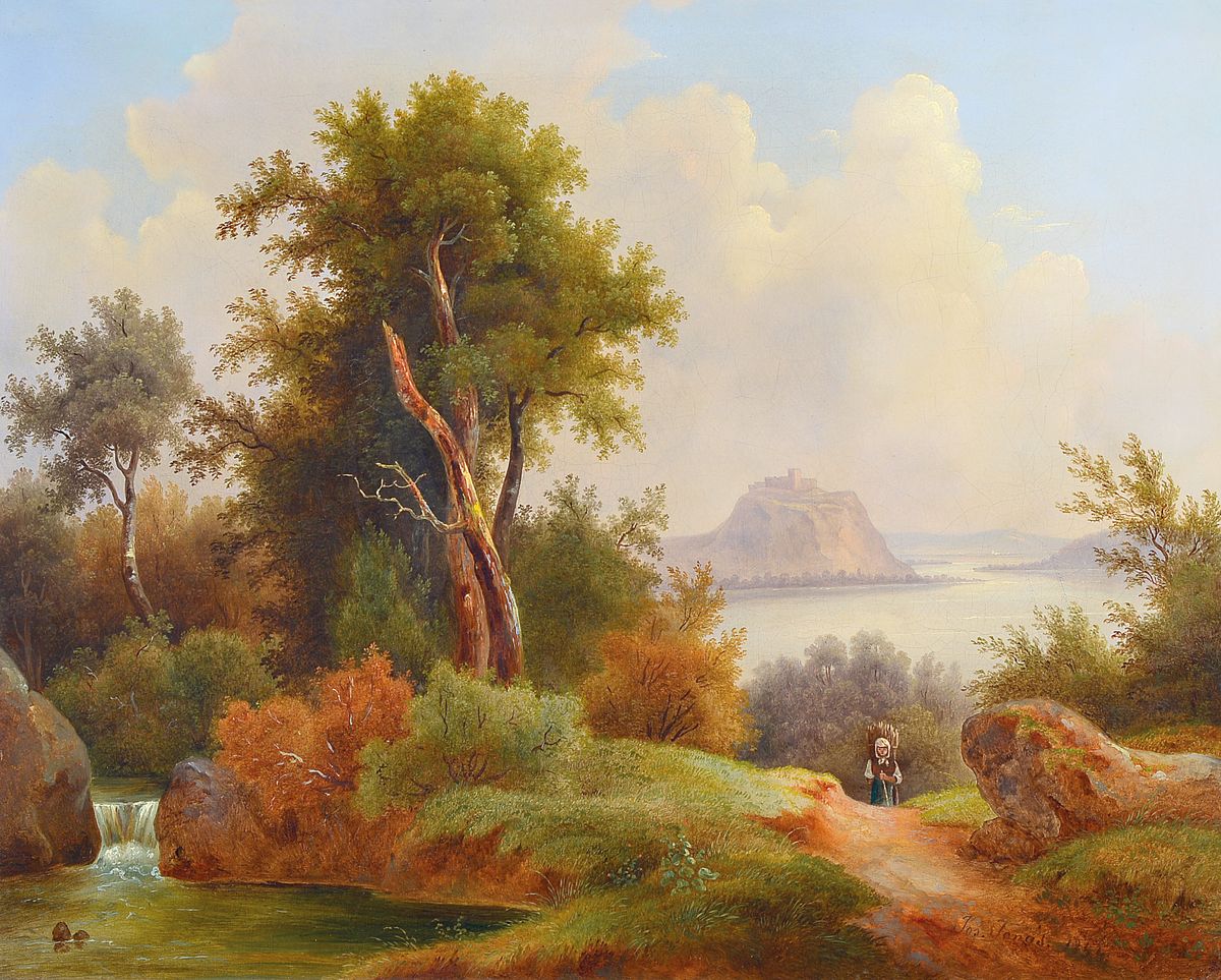 Joseph Jonas, 1805-1863 Wien, Landschaft mit Holzsammlerin, See und Burg auf einer Halbinsel, seitlich links ein Bach in einen Teich mündend, ...