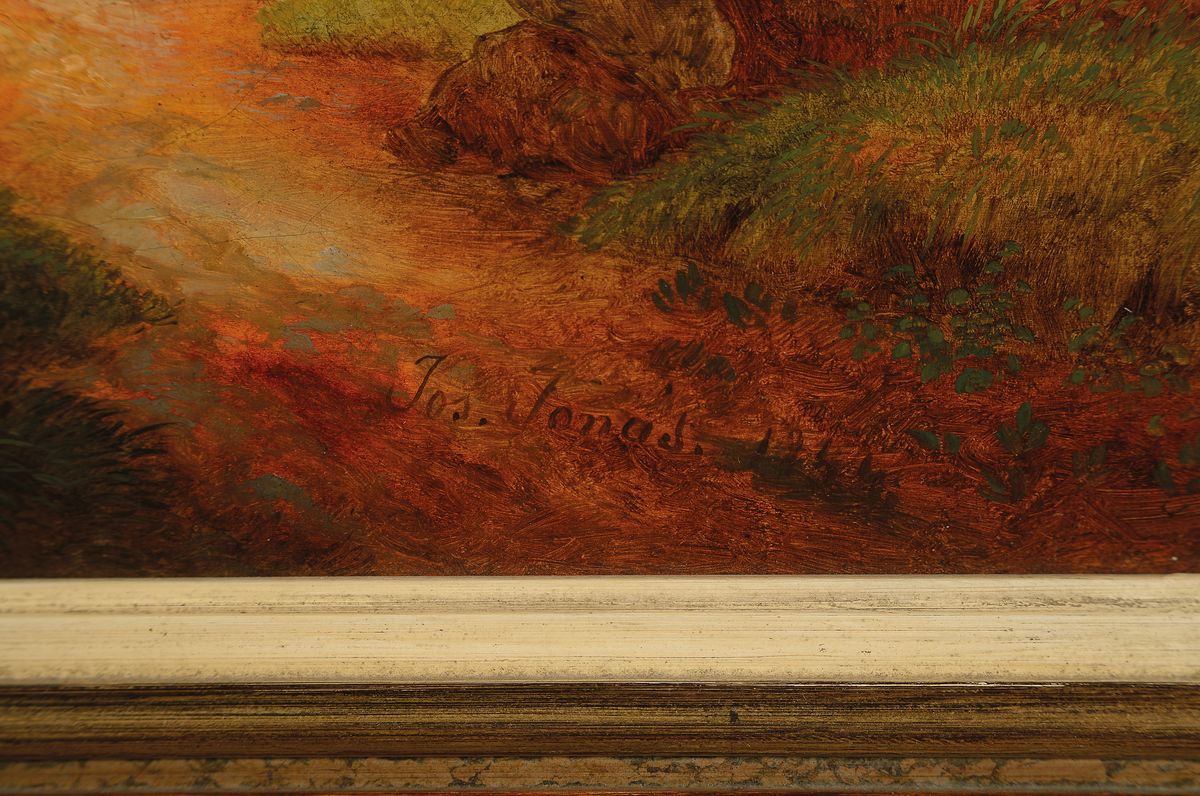 Detail a: Joseph Jonas, 1805-1863 Wien, Landschaft mit Holzsammlerin, See und Burg auf einer Halbinsel, seitlich links ein Bach in einen Teich mündend, ...