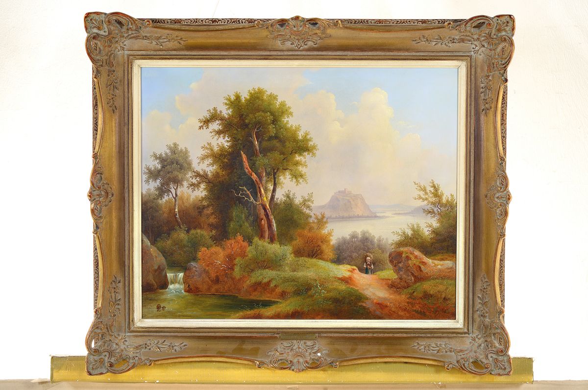 Detail k: Joseph Jonas, 1805-1863 Wien, Landschaft mit Holzsammlerin, See und Burg auf einer Halbinsel, seitlich links ein Bach in einen Teich mündend, ...