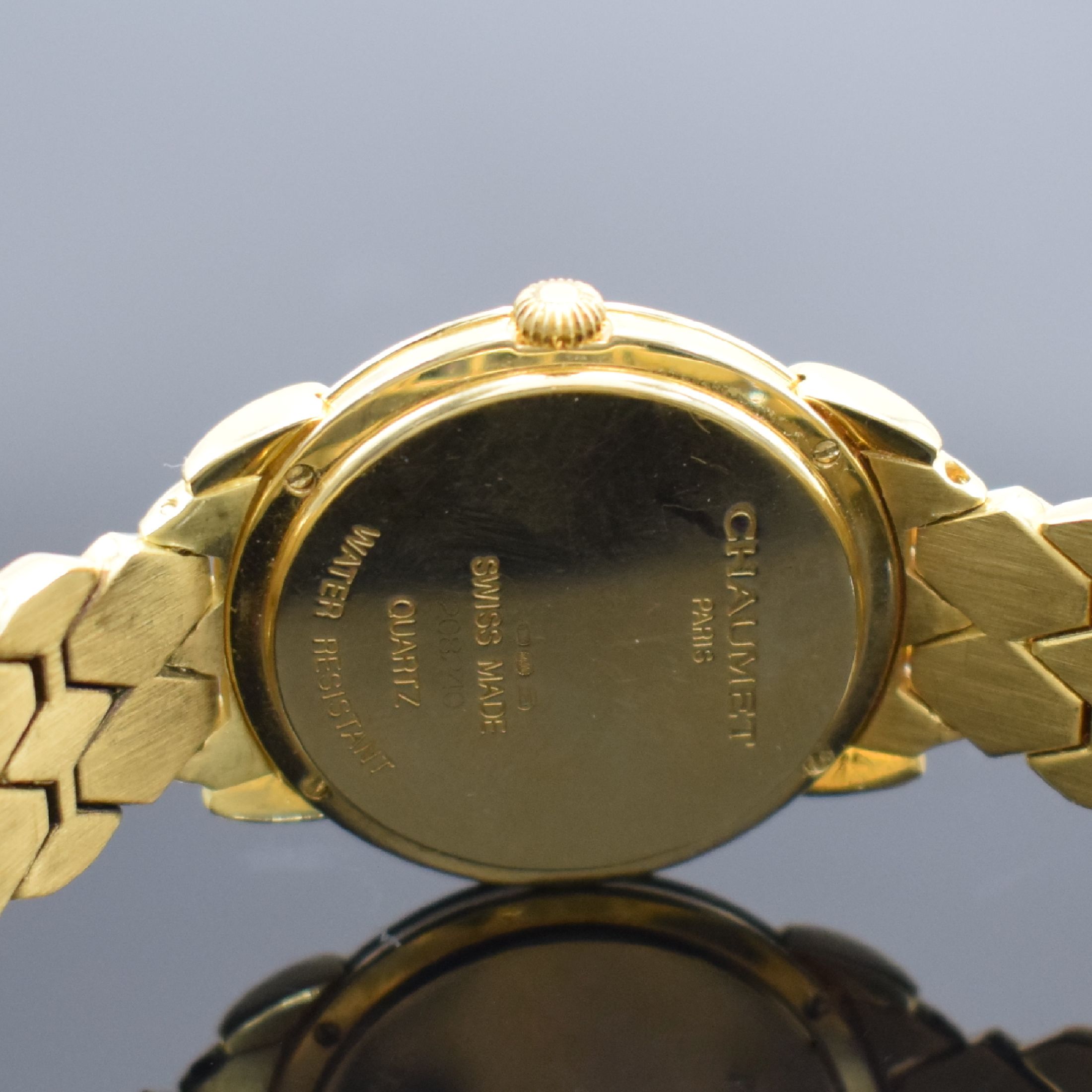 Detail c: CHAUMET Armbanduhr Elysées in GG 750/000, Schweiz/Frankreich um 2000, quarz, 3-teil. Geh. inkl. orig. Gliederband m. dopp. Faltschl., Boden ...