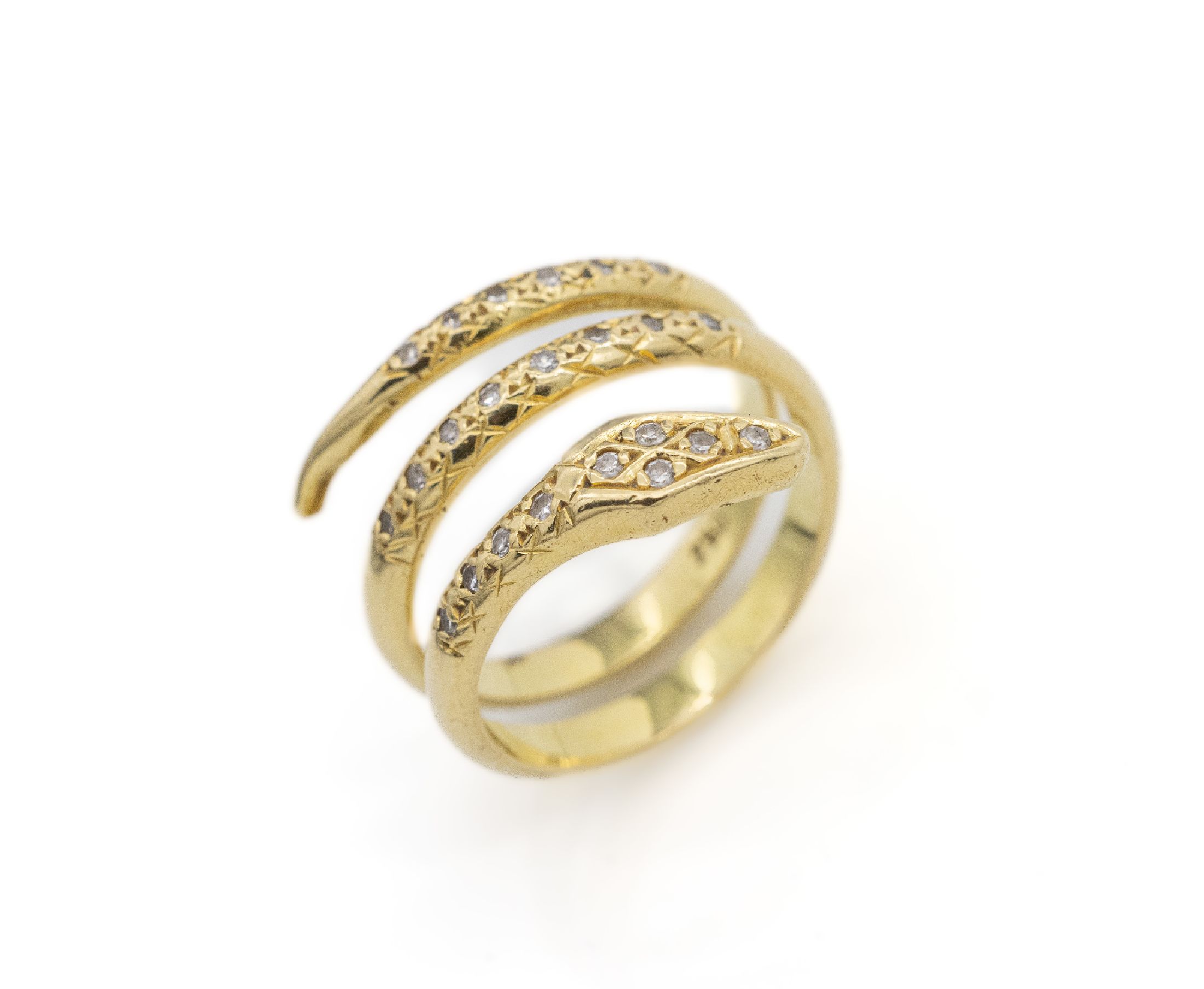 18 kt Gold Diamant-Ring "Schlange", GG 750/000, in sich gewundene Schlange, 23 8/8 -Diamanten zus. ca. 0.20 ct Weiß/si-p, RW 58, ca. 9.4 g