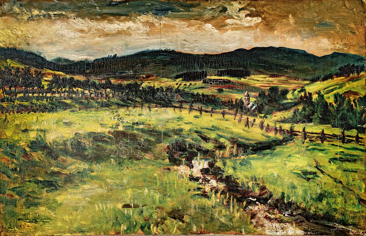 Alois Lebeda, Maler des frühen 20. Jh., weite Landschaft mit Zaun- und Baumreihen, Öl/Holz, krakeliert, Längsriß der oberen Sperrholzschicht, ...