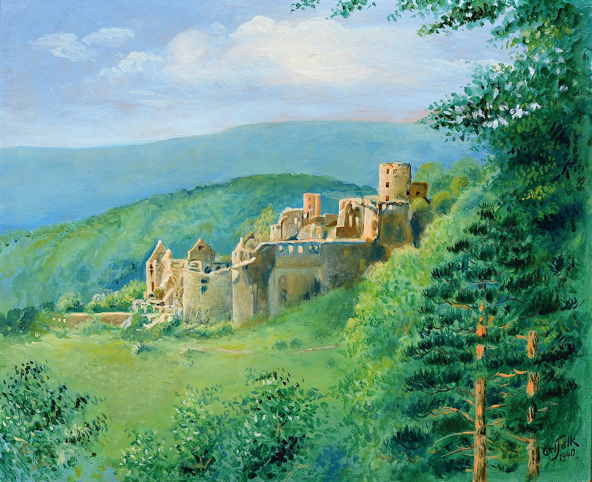 Carl Falk, datiert 1940, Künstler aus der Pfalz, Die Hartenburg bei Bad Dürkheim", so rückseitig betitelt, Öl/Holz, rechts unten signiert ...