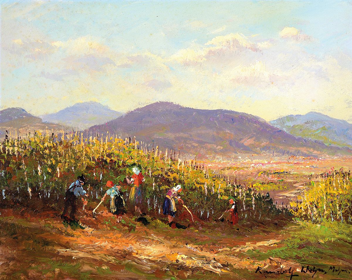 Randolf Wehn, 1911-1990 München, Weinlese in der Pfalz, Öl/Lwd, rechts unten signiert, ca. 50x40cm, R. ca. 59x49cm