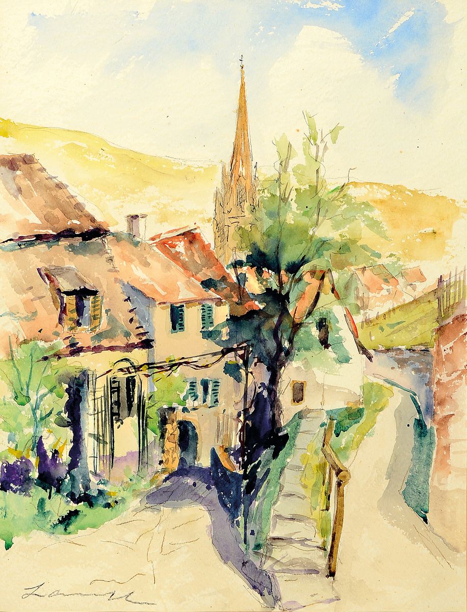 Robert Lauth, 1896-1985 Ludwigshafen am Rhein, 2 Aquarelle auf Papier, 1x Blick auf die Limburg, sign., ca. 30x39cm, PP, u.Gl., R. ca. 45x53cm; 1x ...