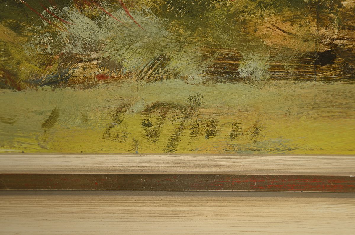 Detail a: Ernst Pfau, 1879 Bad Wimpfen-1965 Bad Dürkheim, Bauernhof hinter Bäumen, Öl/ Hartfaser, rechts unten signiert, ca. 55x75cm, R. ca. 65x85cm