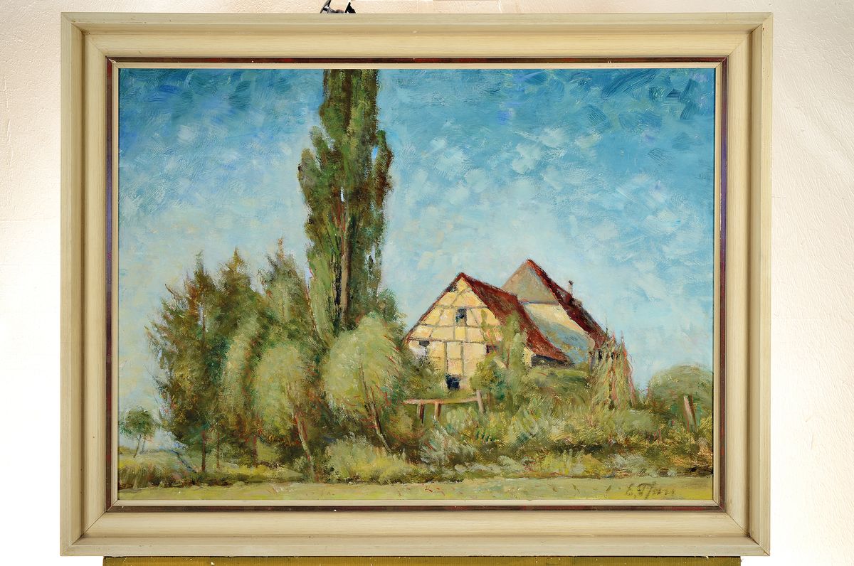 Detail k: Ernst Pfau, 1879 Bad Wimpfen-1965 Bad Dürkheim, Bauernhof hinter Bäumen, Öl/ Hartfaser, rechts unten signiert, ca. 55x75cm, R. ca. 65x85cm