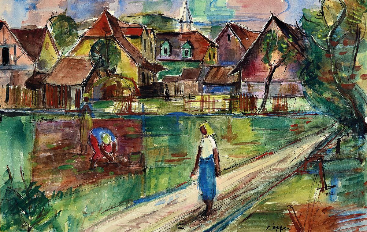 Paul Löffler, 193-1995 Mannheim, Frauen arbeiten auf dem Feld, im Hintergrund die Ortschaft, Gouache auf Papier, rechts unten signiert, ca. 38x75cm, ...