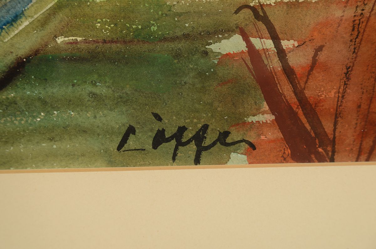 Detail a: Paul Löffler, 193-1995 Mannheim, Frauen arbeiten auf dem Feld, im Hintergrund die Ortschaft, Gouache auf Papier, rechts unten signiert, ca. 38x75cm, ...