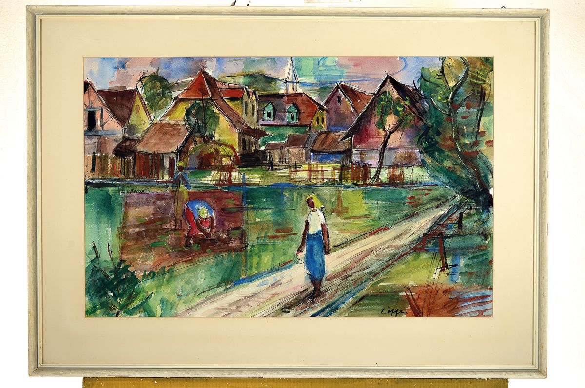 Detail k: Paul Löffler, 193-1995 Mannheim, Frauen arbeiten auf dem Feld, im Hintergrund die Ortschaft, Gouache auf Papier, rechts unten signiert, ca. 38x75cm, ...