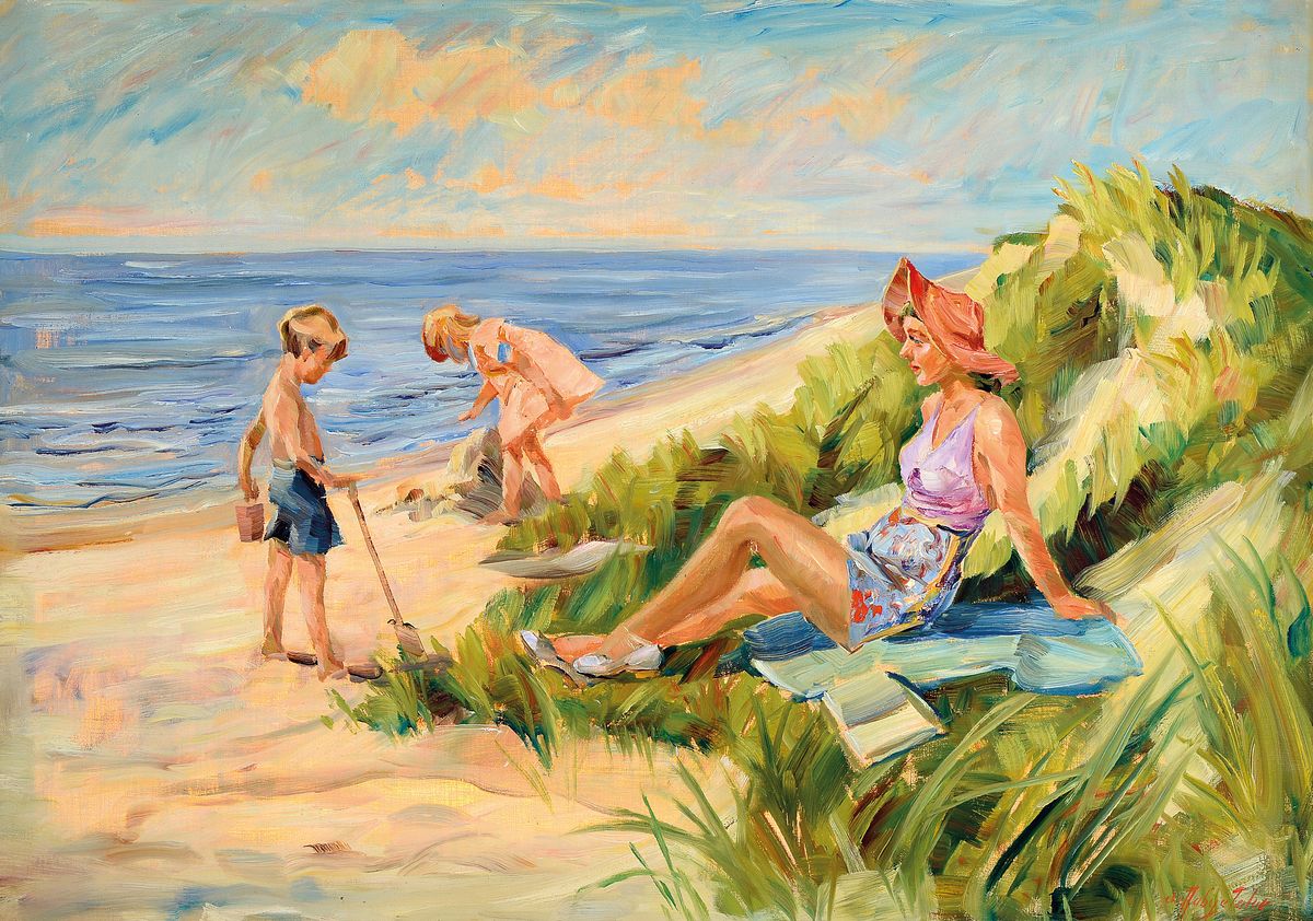 Christian Talge Aalbye, geb. 1898 Dänemark, Mutter mit Kindern am Strand, ÖL/Lwd, rechts unten sign. ca. 70x100cm, R. ca. 80x110cm