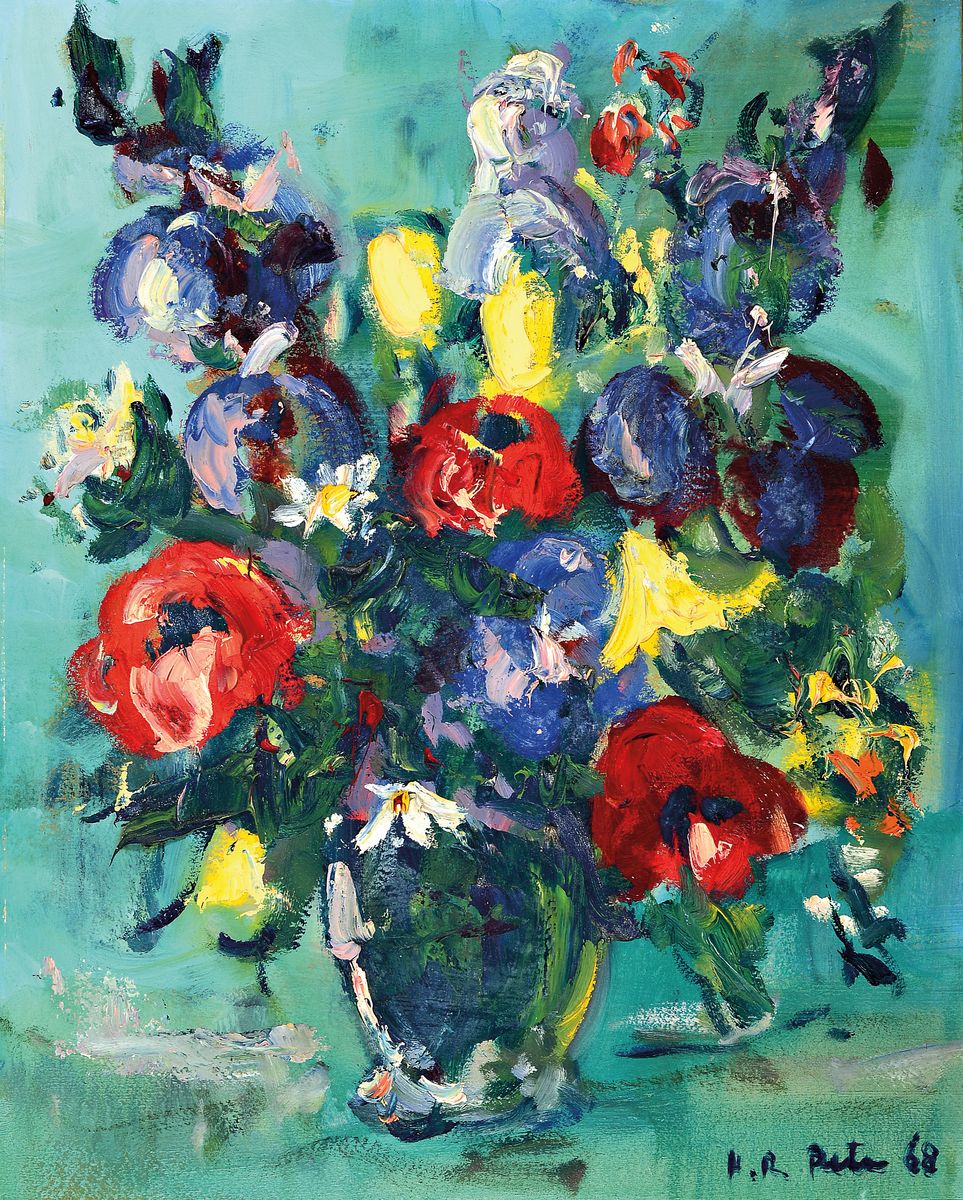 Hans Rolf Peter, 1926-2020 Neustadt a.d. Weinstraße, Blumenstillleben, Öl/Malkarton, rechts unten signiert und dat. 68, ca. 50x40cm, R.ca. 55x45cm