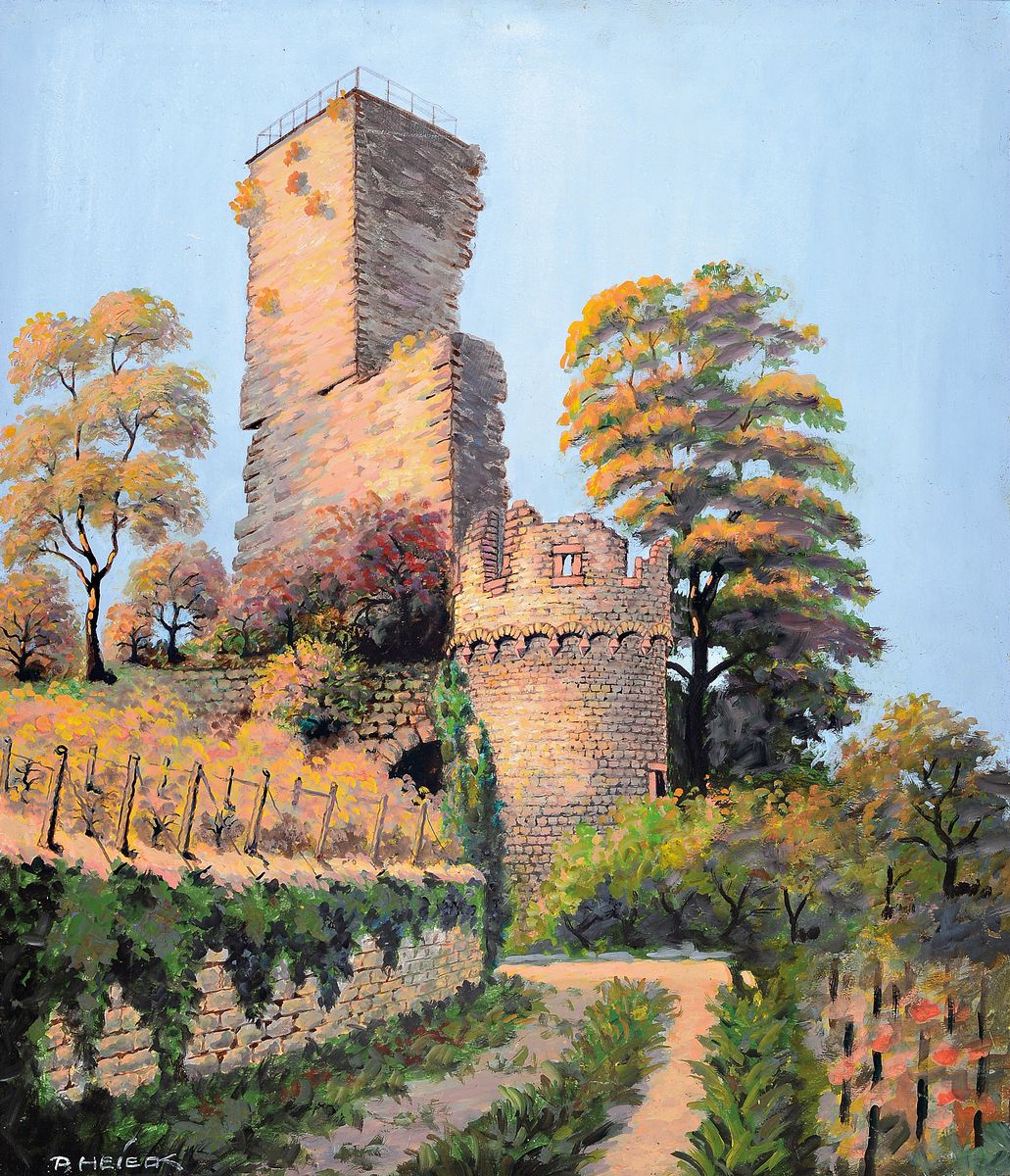 Peter Heieck, geb. 1898 in Ludwigshafen am Rhein, Blick auf die Wachtenburg, Öl/ Hartfaser, links unten signiert, ca. 70x60cm, R. ca. 76x66cm