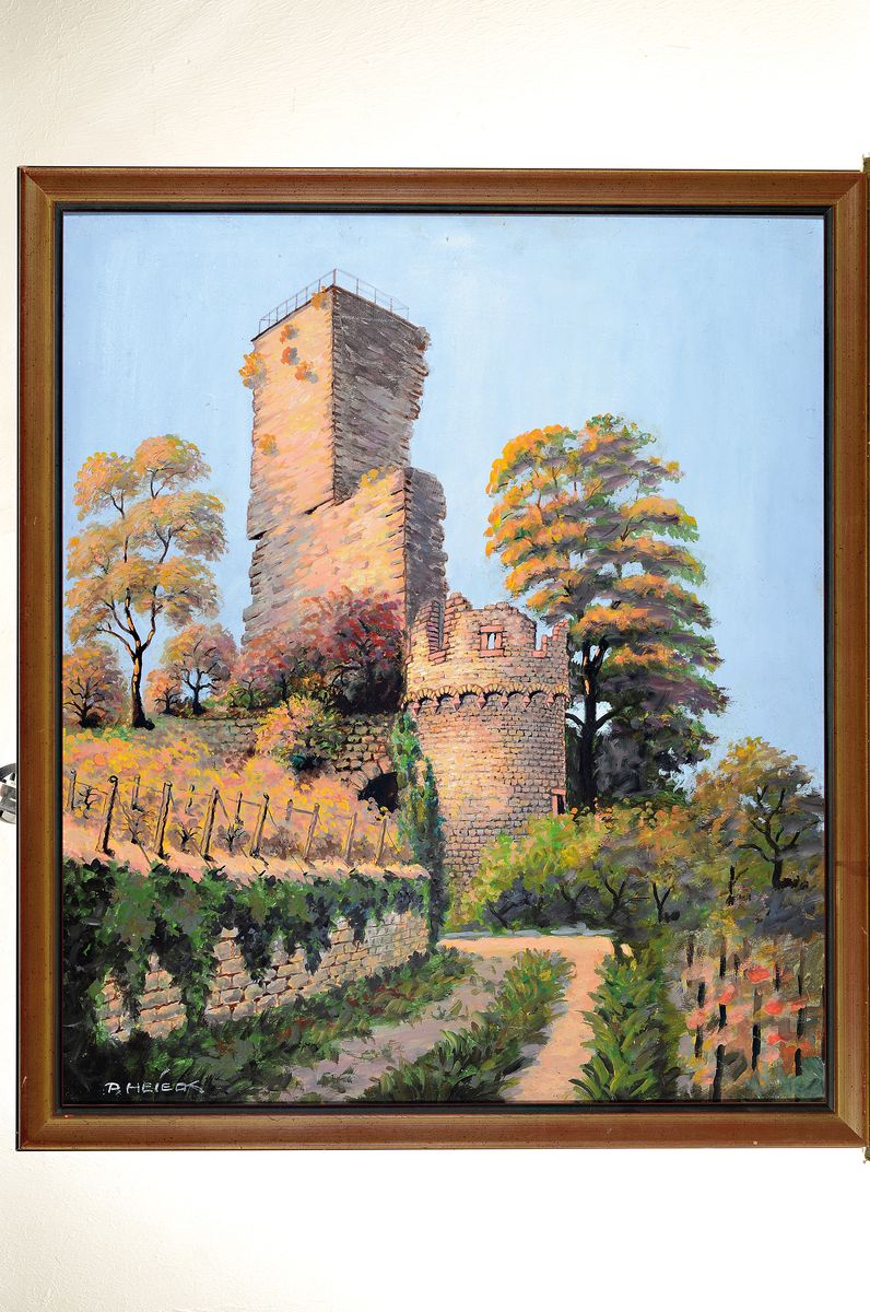Detail k: Peter Heieck, geb. 1898 in Ludwigshafen am Rhein, Blick auf die Wachtenburg, Öl/ Hartfaser, links unten signiert, ca. 70x60cm, R. ca. 76x66cm
