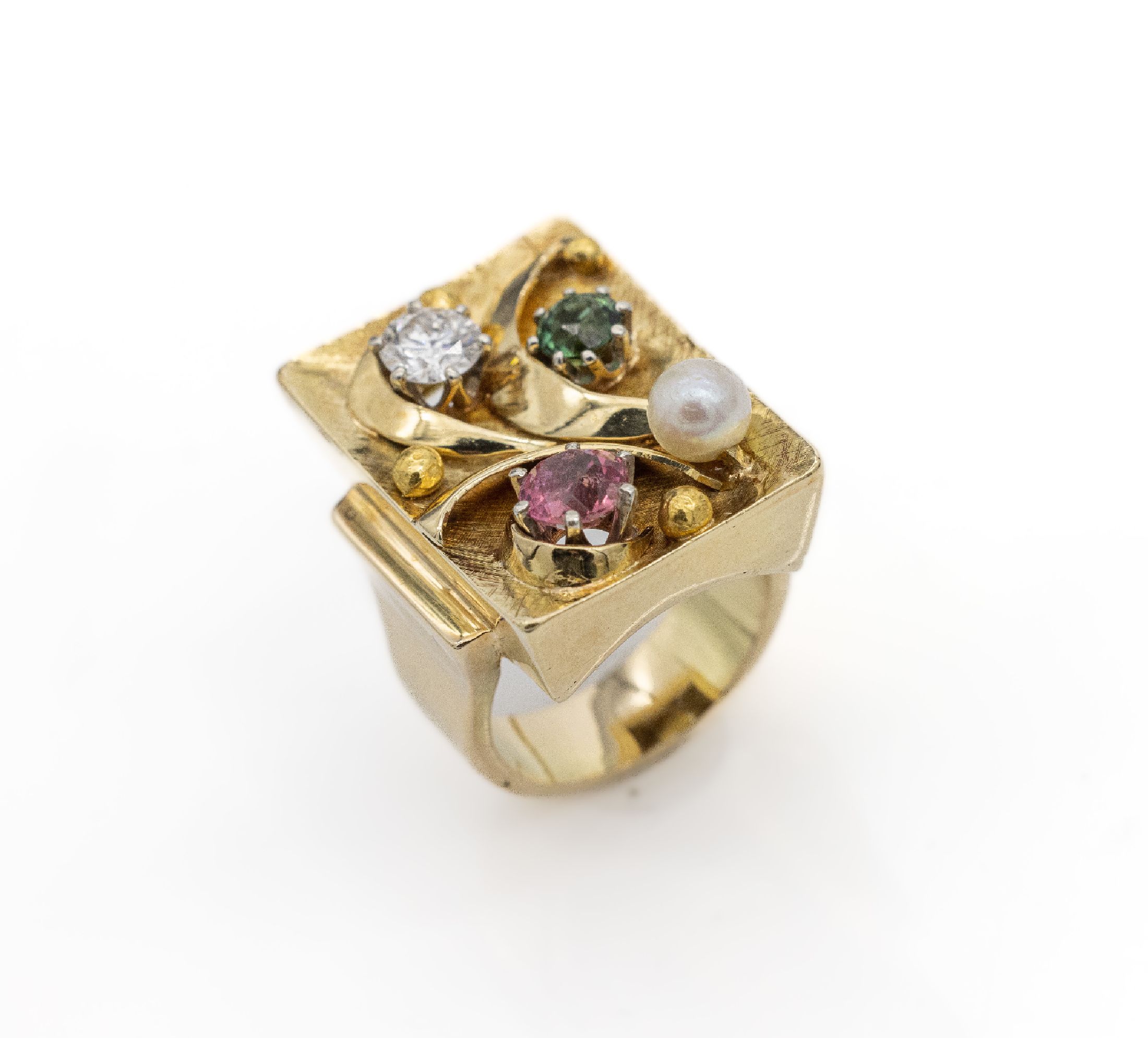 14 kt Gold Garten-Ring, GG 585/000, 2 rundfacett. Turmaline (rose und grün) zus. ca.1.20 ct, kl. Zuchtperle, 1 Brillant ca. 0.50 ct feines ...