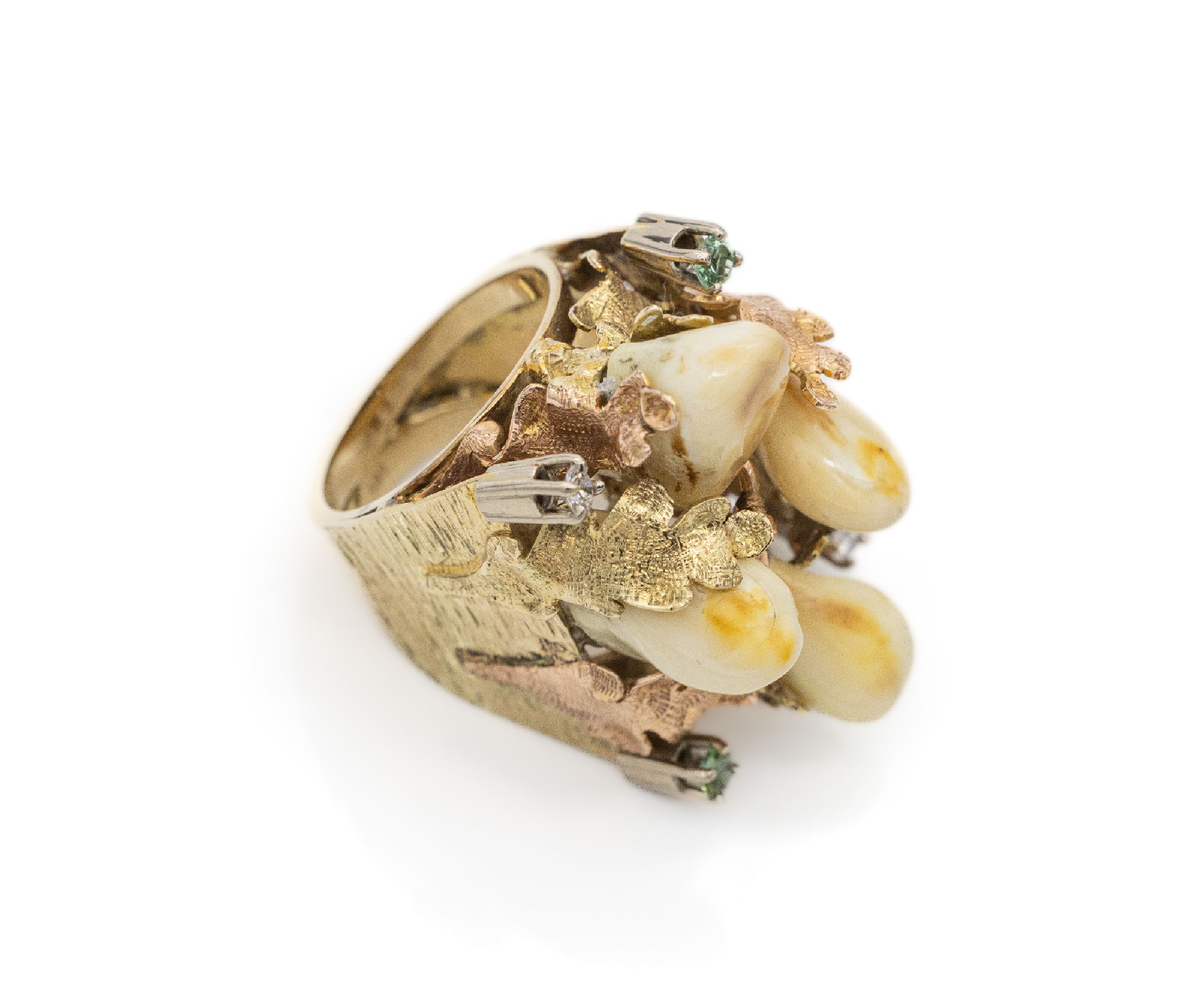 Ausgefallener 14 kt Gold Grandel-Ring, GG/RG 585/000, 4 Grandeln von sehr schöner Qual., 2 Brillanten zus. ca. 0.12 ct Weiß/si, 2 Turmaline zus. ...