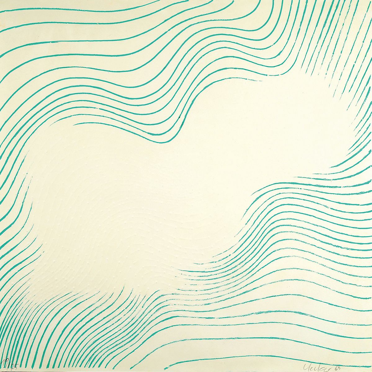 Günther Uecker, geb. 1930, "Welle", Nagel Prägedruck mit Lithografie, Seltene frühe Arbeit, sign., dat. 1965, und num.19/75, unter Glas ...