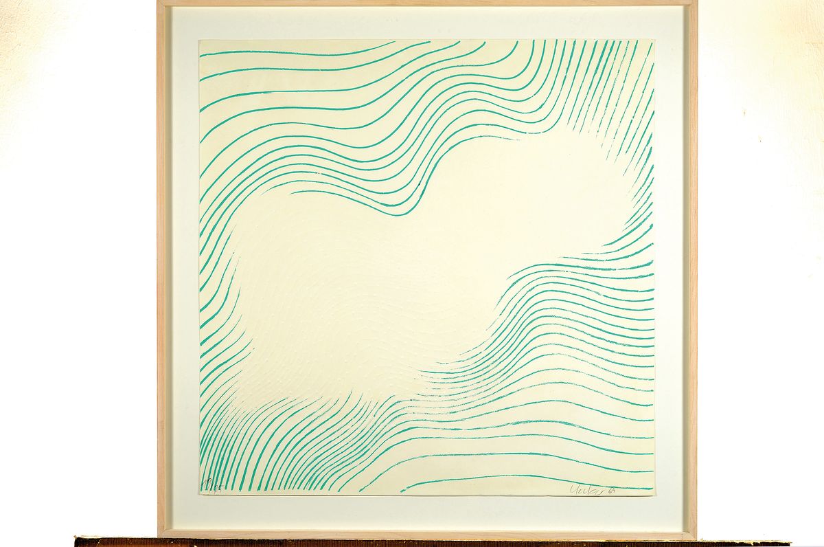 Detail k: Günther Uecker, geb. 1930, "Welle", Nagel Prägedruck mit Lithografie, Seltene frühe Arbeit, sign., dat. 1965, und num.19/75, unter Glas ...