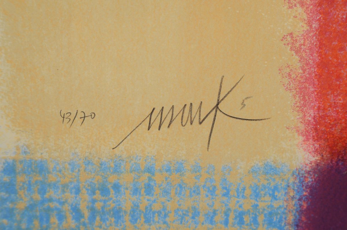 Detail a: Heinz Mack, geb. 1931, "Rote Pyramide", Siebdruck,sign., dat. (20)05 und num. 43/70, unter Glas gerahmt, gesamt ca. 83x93 cm