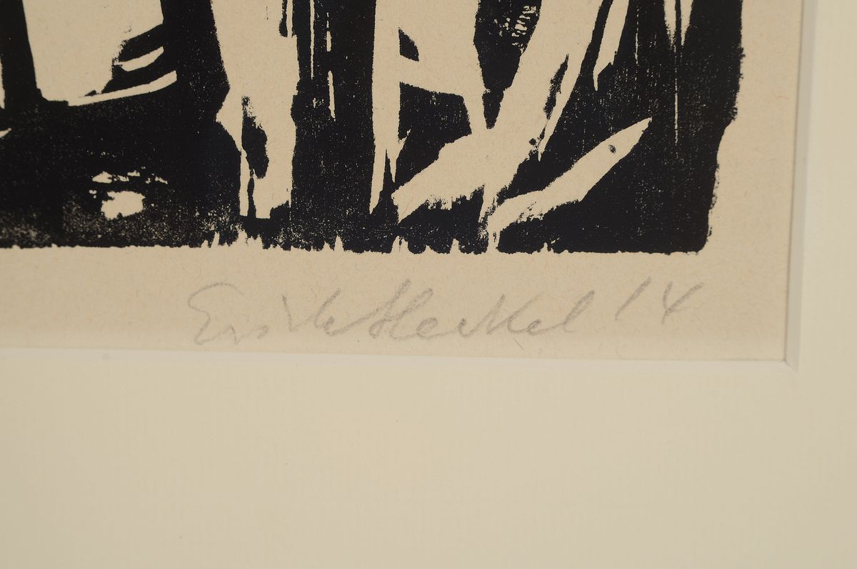Detail a: Erich Heckel, 1883-1970, Holzschnitt, "zwei verwundete", sign., dat. (19)14. in aufwändiger Galerierahmung, WVZ: Dube H 276, Ebner ...