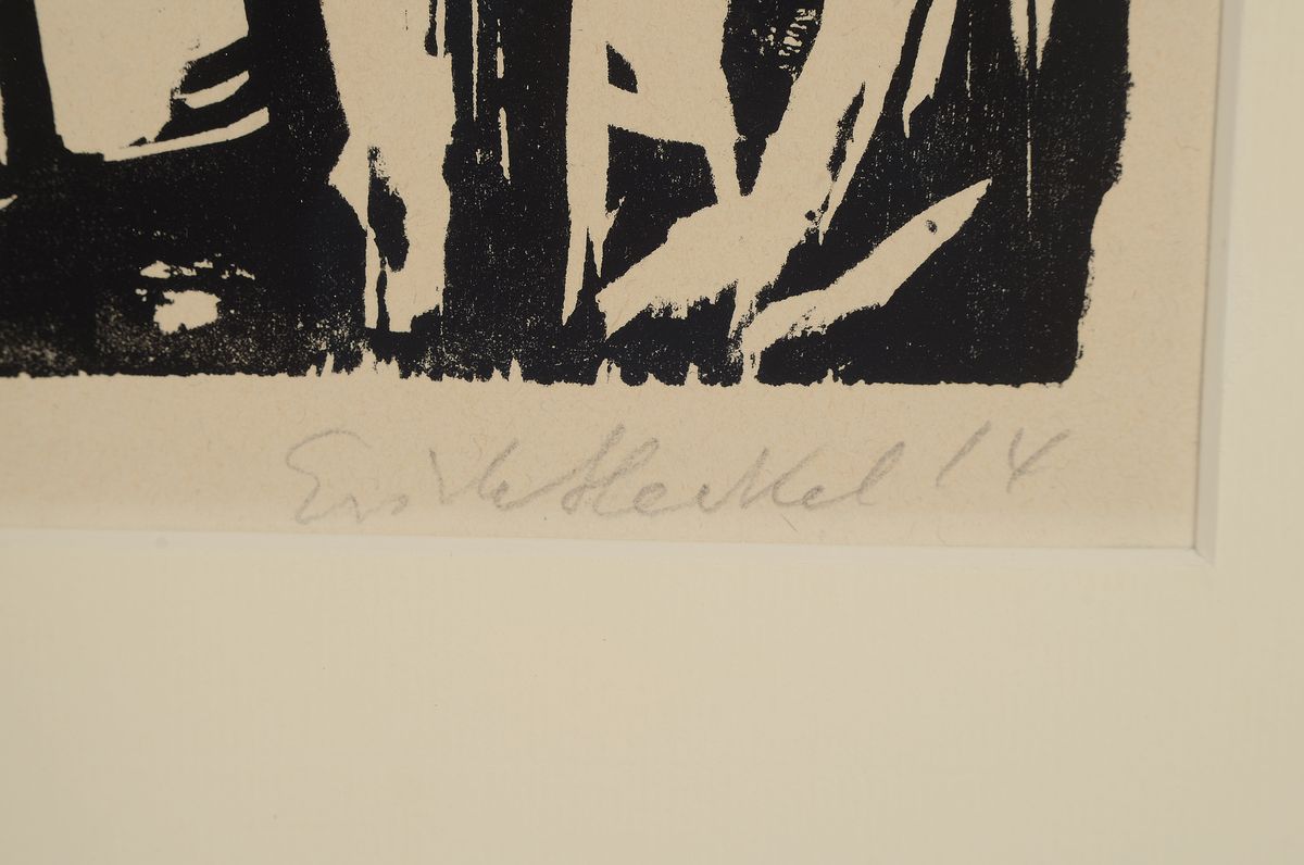 Detail l: Erich Heckel, 1883-1970, Holzschnitt, "zwei verwundete", sign., dat. (19)14. in aufwändiger Galerierahmung, WVZ: Dube H 276, Ebner ...