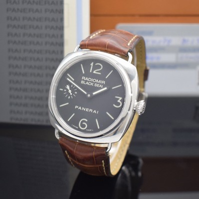 Image PANERAI Radiomir Black Seal gents wristwatch reference OP6644, manual winding, on both sides glazed case back, case back screwed-down 4-times, screwed down winding crown, original leather strap with butterfly buckle, so called "Sandwich"- dial with luminous indices & hands, constant second at 9, diameter approx. 45 mm, original box & papers enclosed, condition 2-3