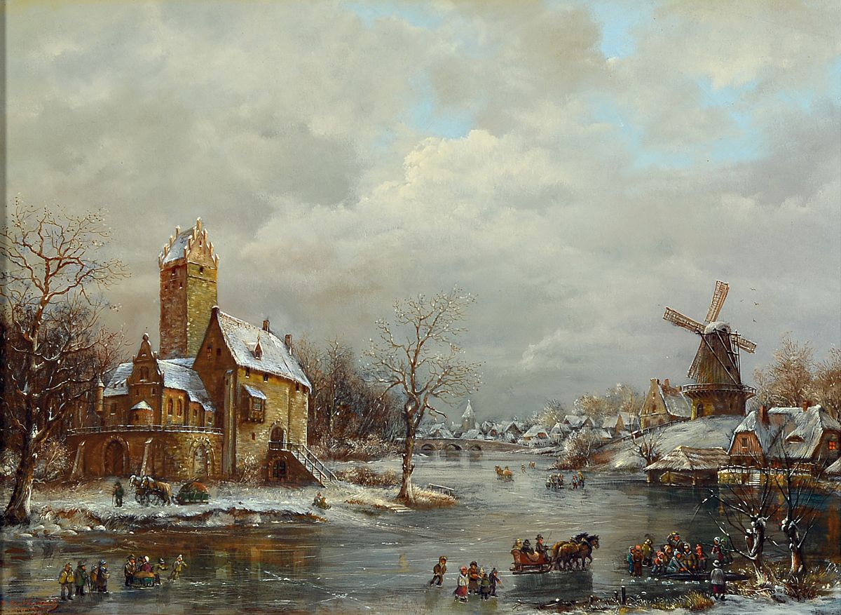 Hans K. Neubert, geb. 1915 Dresden, Studium an der Akademie Leipzig, hier: Winterlandschaft mit Wasserschloß und Windmühle, Öl/Holz, ca. ...