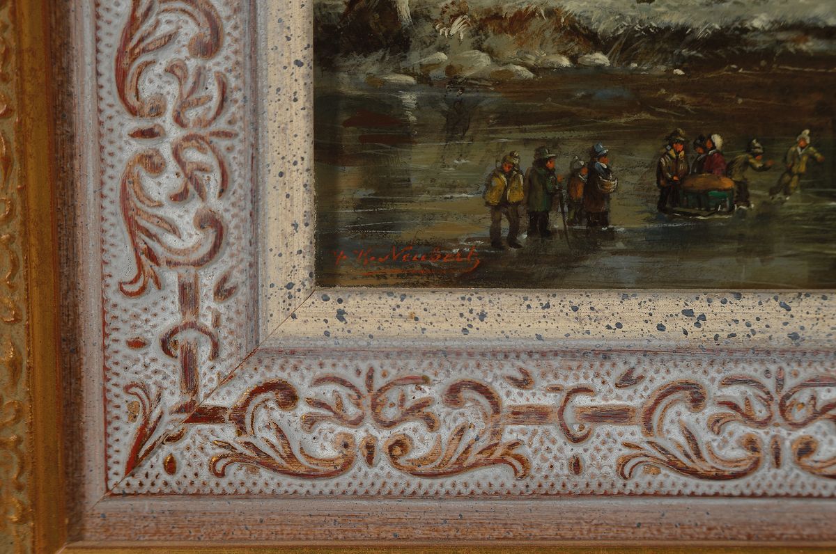 Detail a: Hans K. Neubert, geb. 1915 Dresden, Studium an der Akademie Leipzig, hier: Winterlandschaft mit Wasserschloß und Windmühle, Öl/Holz, ca. ...