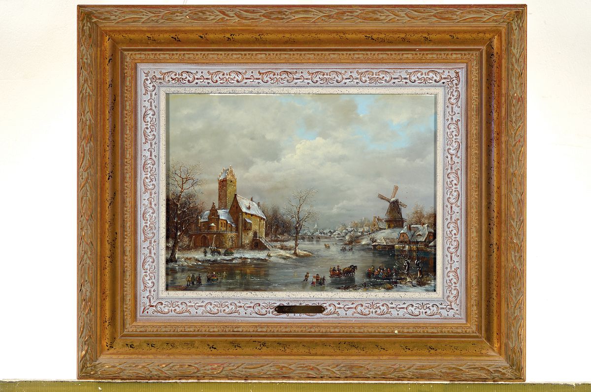 Detail k: Hans K. Neubert, geb. 1915 Dresden, Studium an der Akademie Leipzig, hier: Winterlandschaft mit Wasserschloß und Windmühle, Öl/Holz, ca. ...