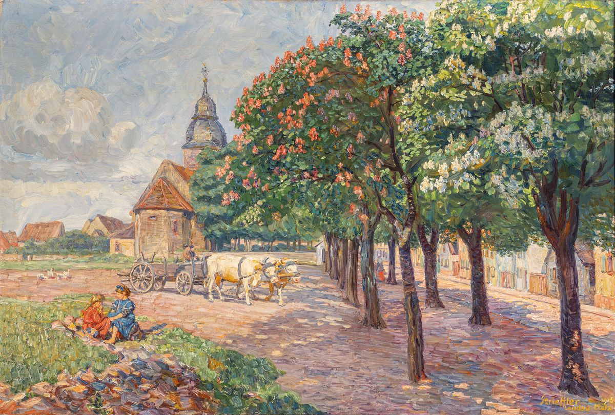 Heinrich Strieffler, 1872 Neustadt-1949 Landau, Lithographen-Lehre, Studium an der Akademie München, Ansicht von Queichheim bei Landau, Blick ...
