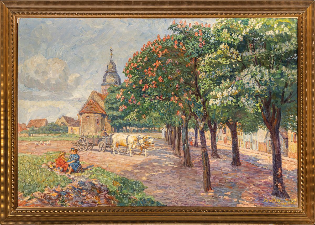 Detail k: Heinrich Strieffler, 1872 Neustadt-1949 Landau, Lithographen-Lehre, Studium an der Akademie München, Ansicht von Queichheim bei Landau, Blick ...