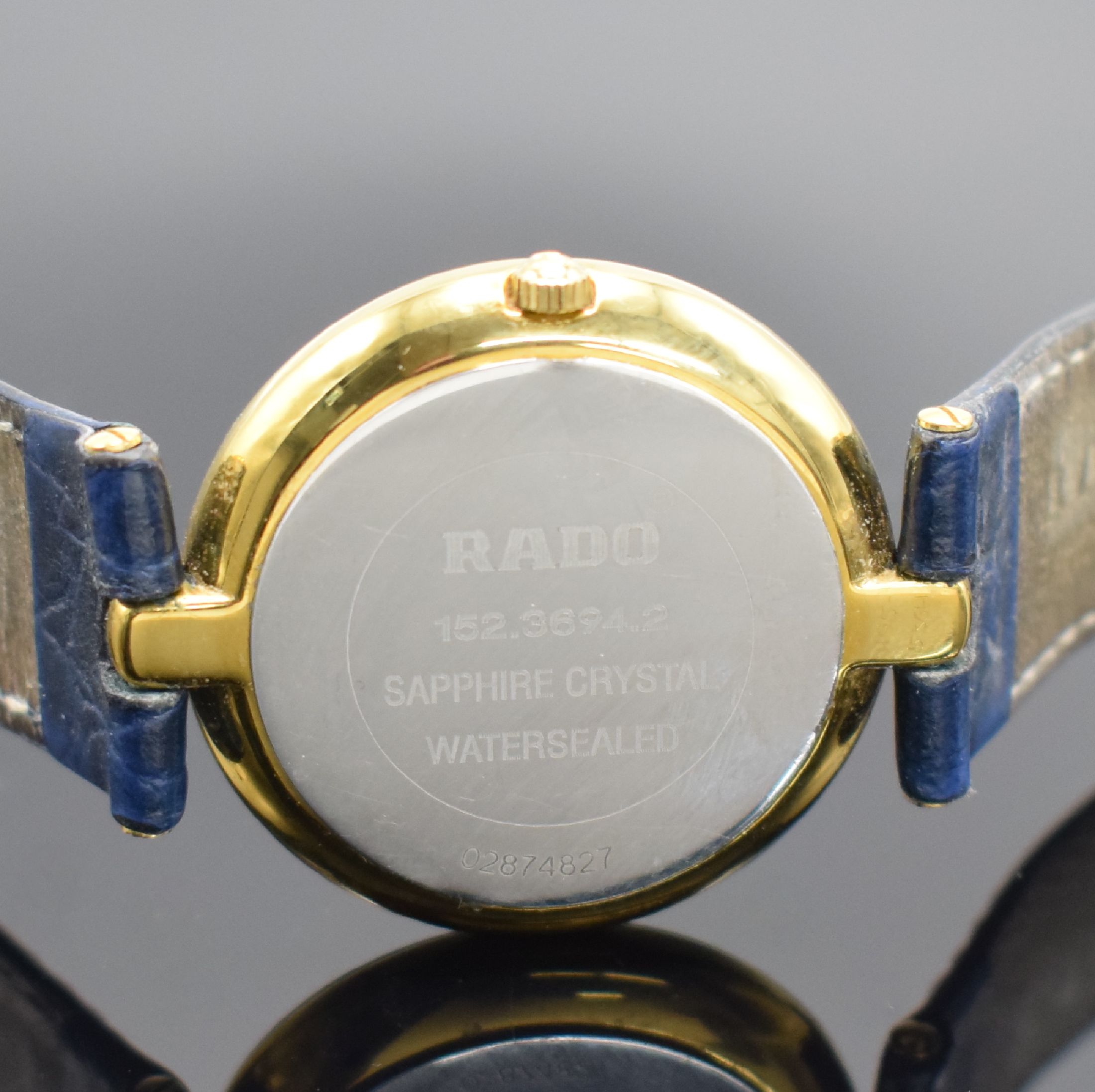 Detail d: RADO Florence Damenarmbanduhr, Schweiz verk. l. beil. Garantie 05/1999, quarz, Ref. 152.3694.2, gebl./verg. Geh., Stahlboden aufgedr., orig. ...