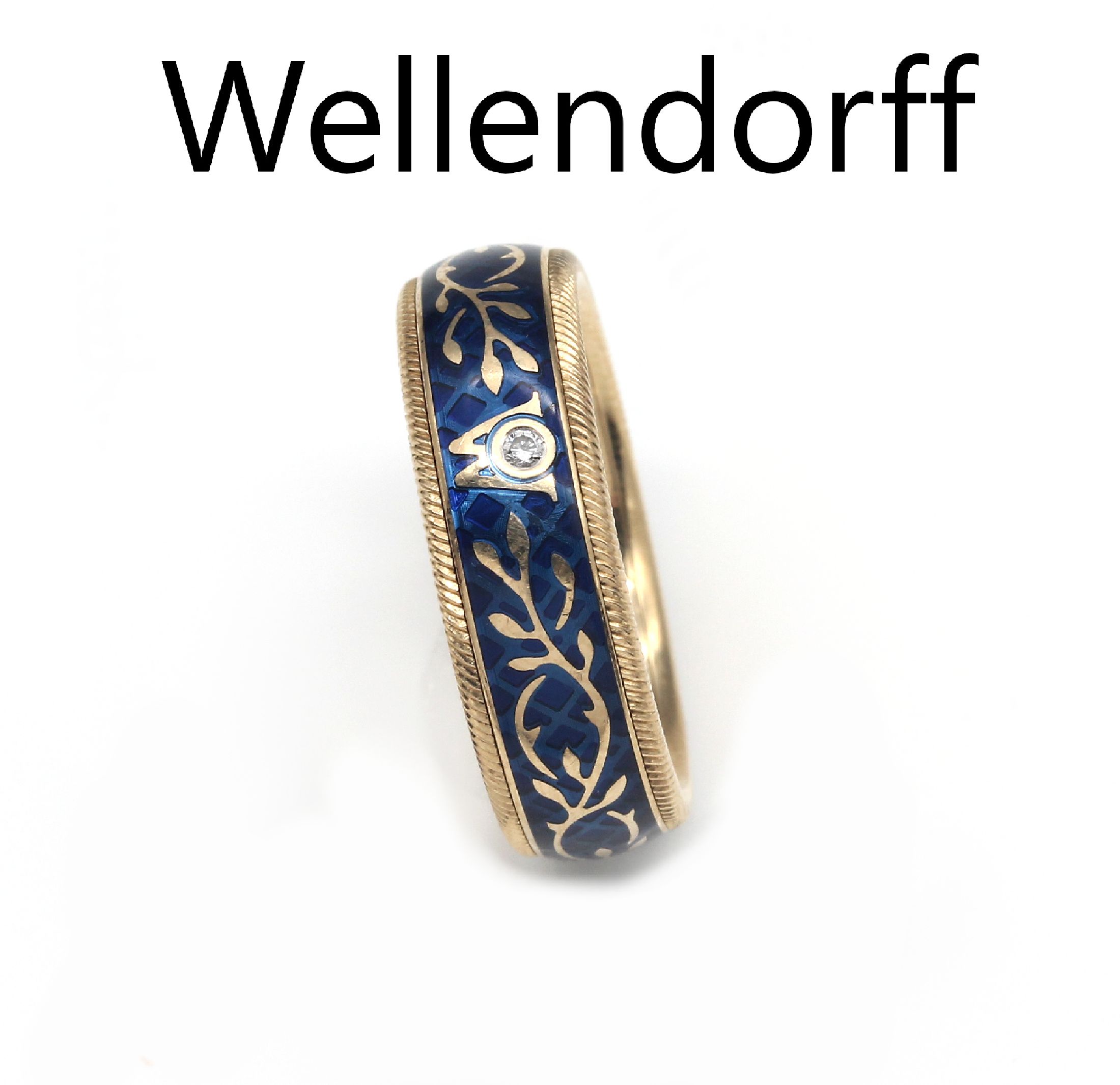 18 kt Gold WELLENDORFF-Ring "Vergissmeinnicht", GG 750/000, Mittelschiene drehbar, transluzides blaues Email, Kordelrandverzierung, mittig ...